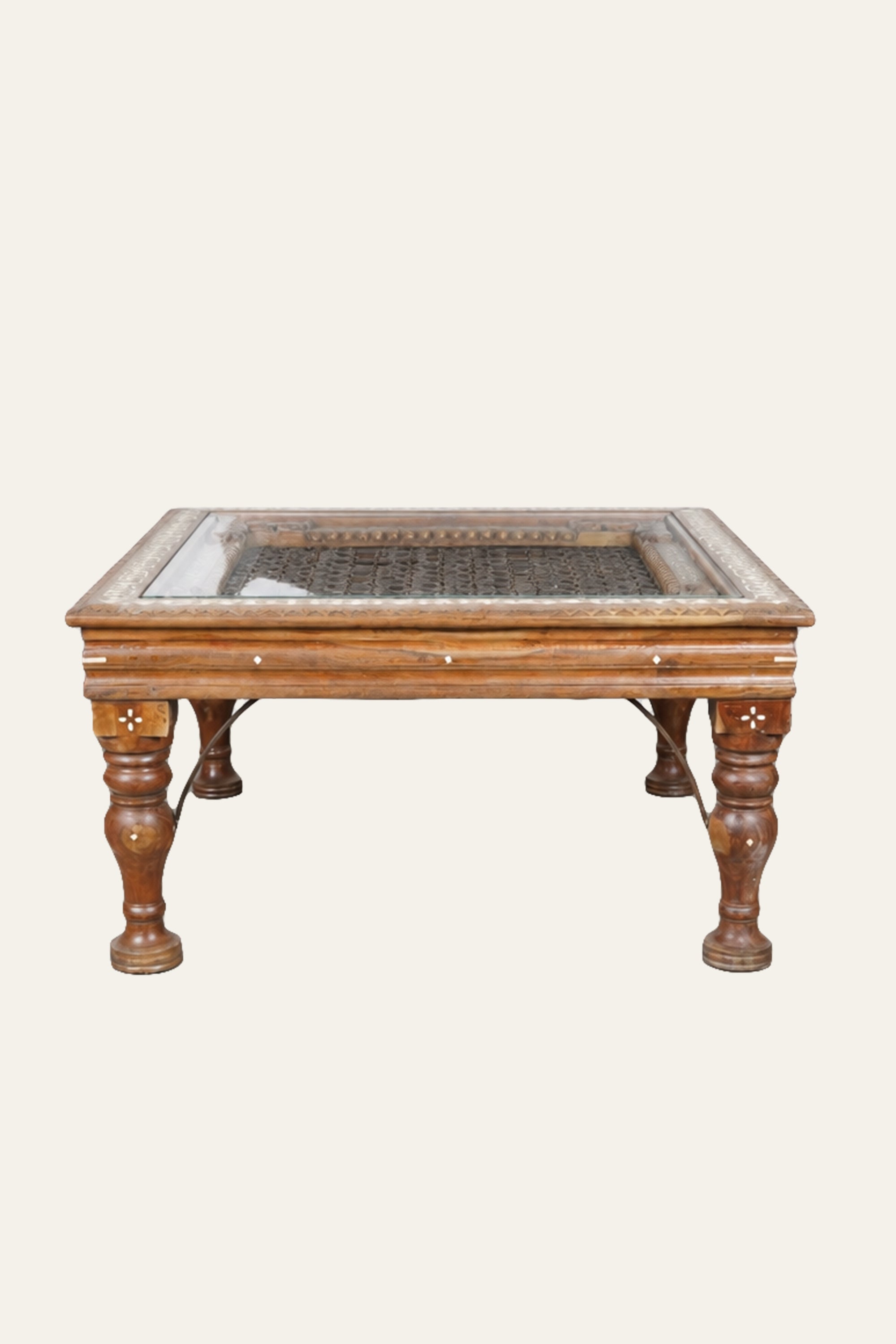 Light Wood Mesh Coffee Table with Bone Inlay Floral Border