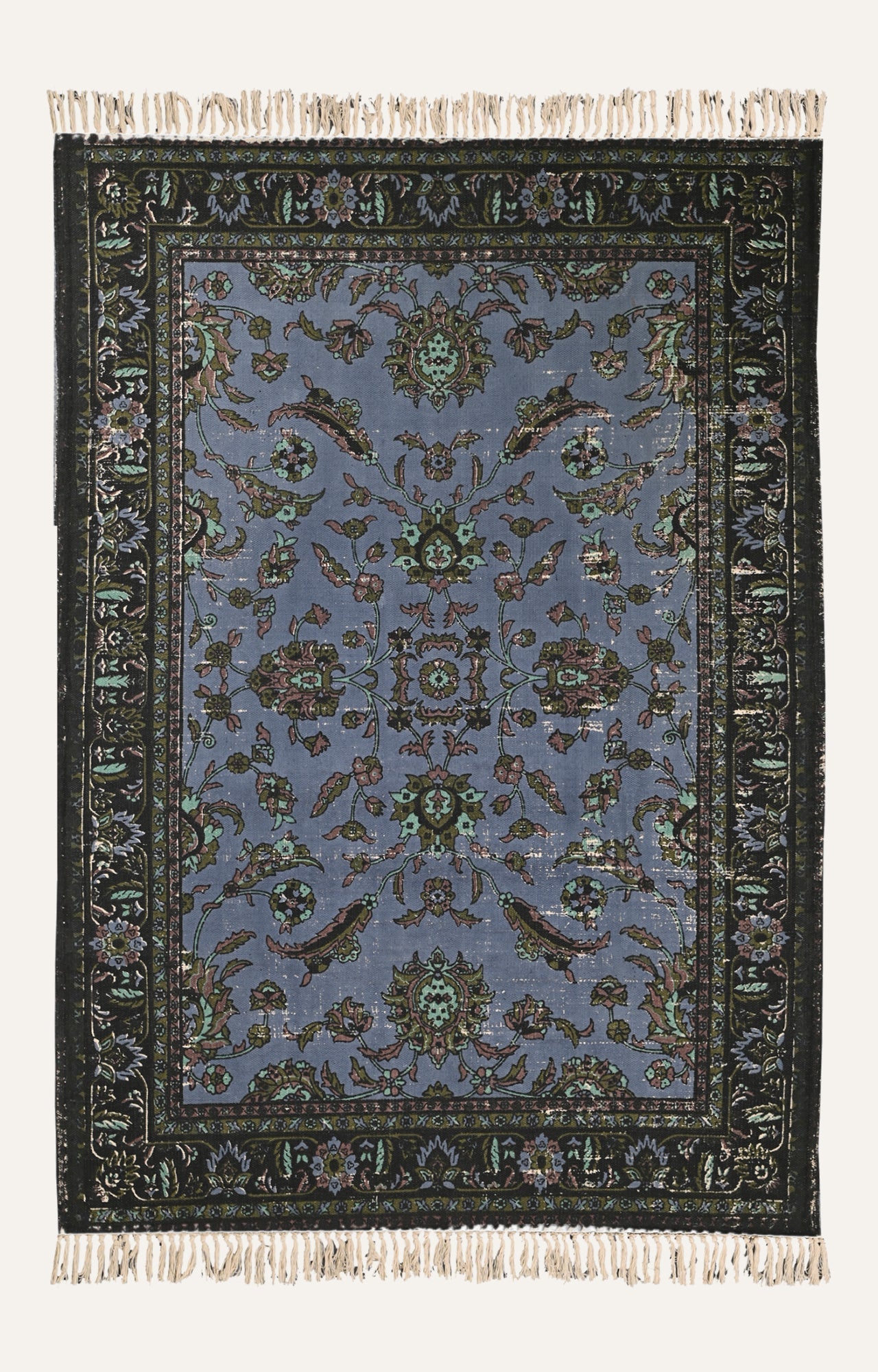 Blue Persian-Inspired Floral Cotton Rug