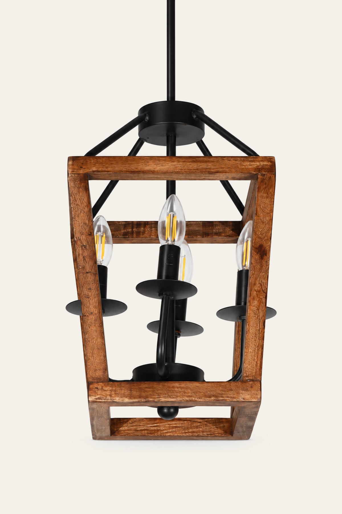 Wood-Framed Lantern Chandelier with Candle-Style Lights