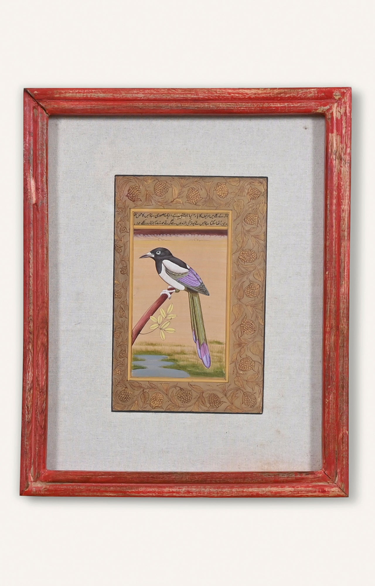 Handmade Indian Mughal Botanical Miniature Watercolor Bird Art Painting