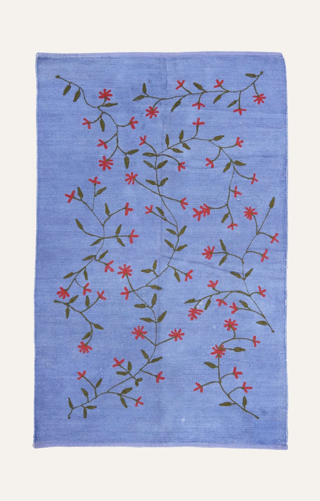 Handwoven Cotton Rug with Floral Embroidery