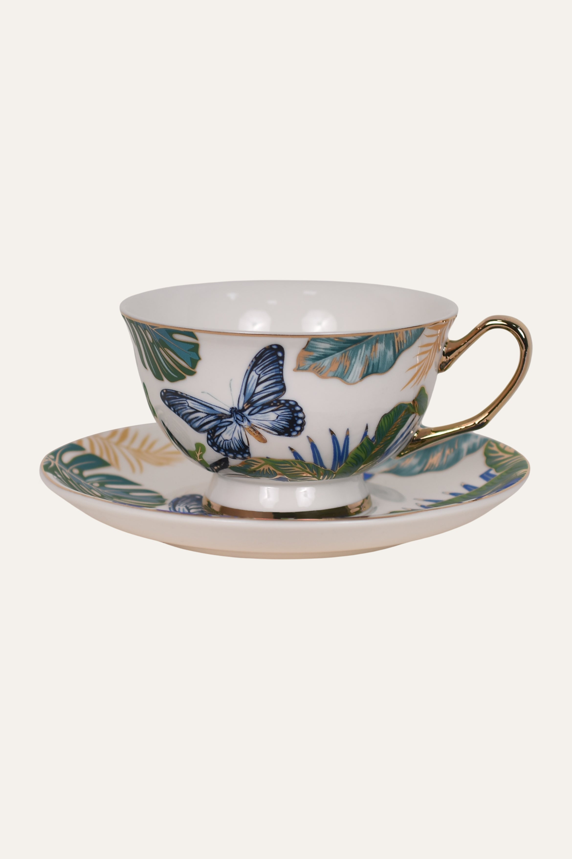 Butterfly Hand-Painted Porcelain Cup & Saucer Set with Gold Handle – Elegant Artisan Tea Cup
