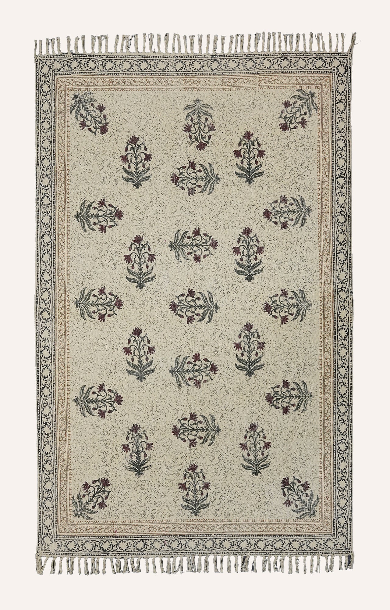 Crimson Bloom Hand Block Printed Dhurrie Rug