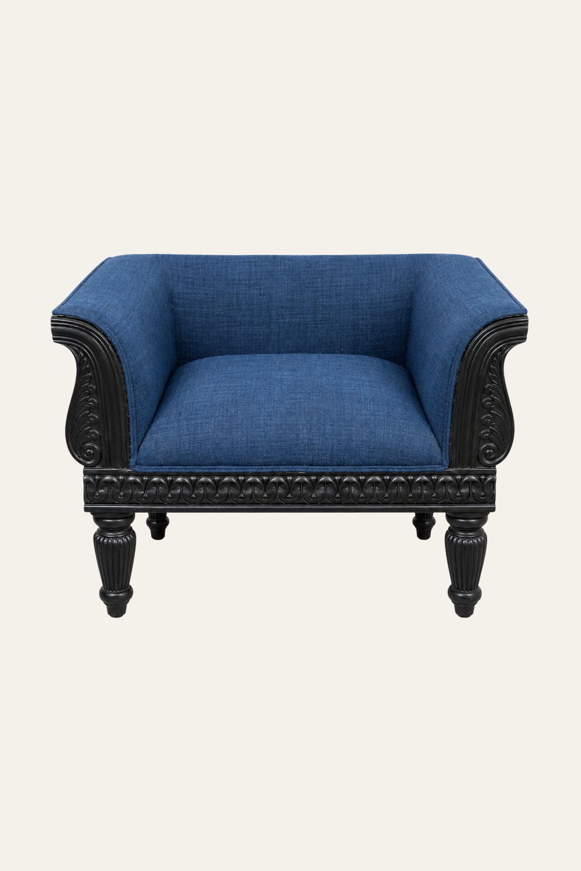 Blue Barrel Armchair with Black Carved Wood Frame