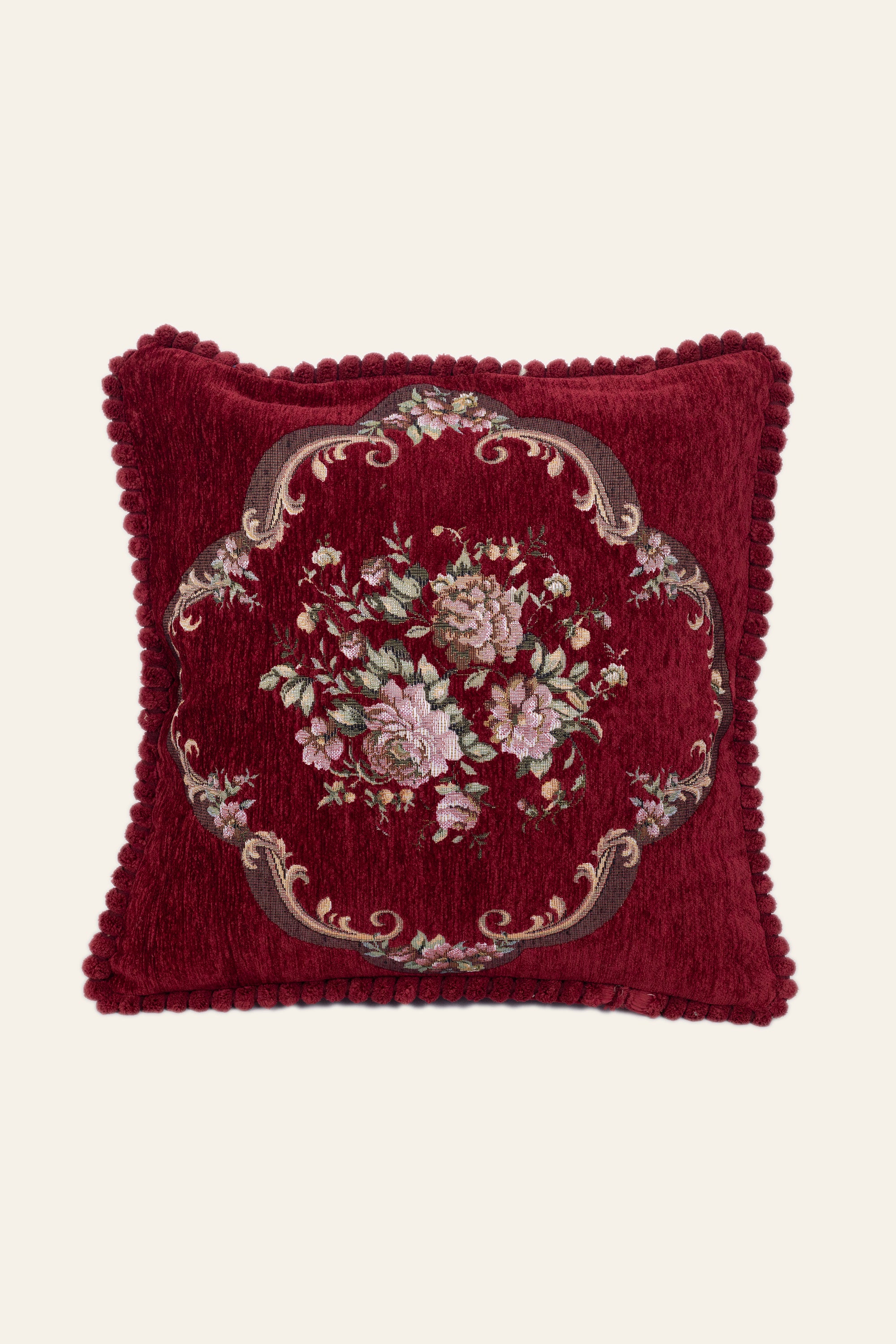 Dark Red Floral Embroidered Velvet Cushion