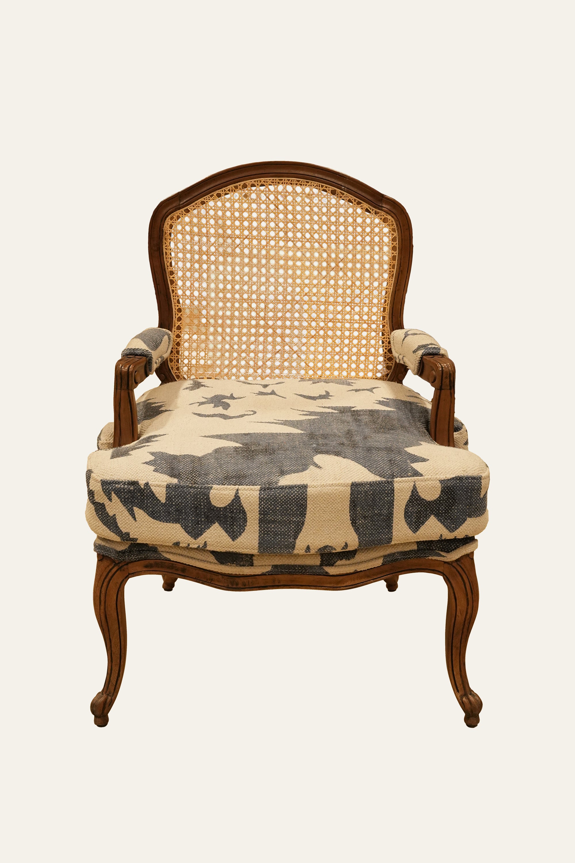 French Provincial Style Cane Back Armchair with Patterned Seat