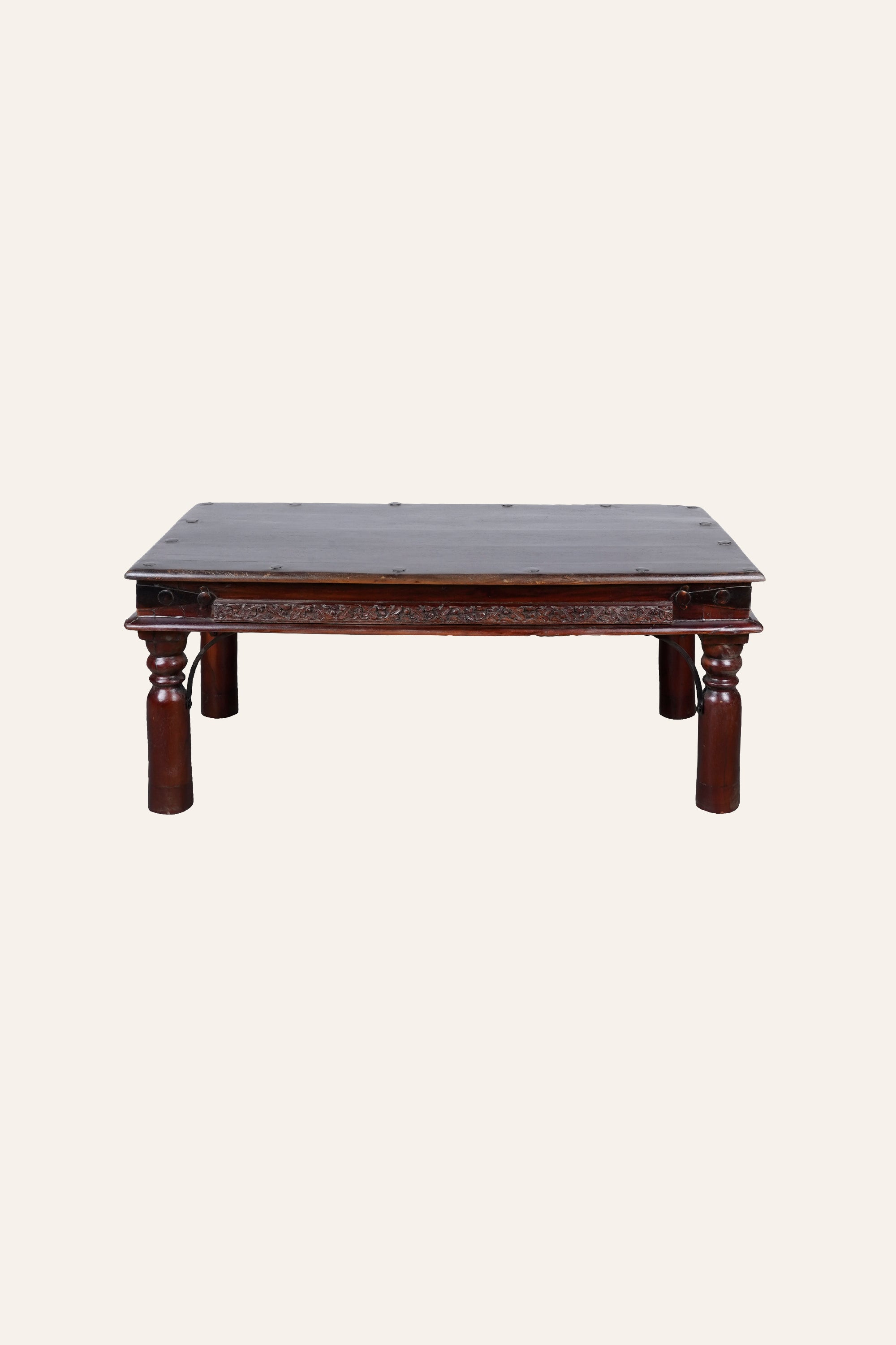 Carved Mughal Style Coffee Table with Metal Bracelets