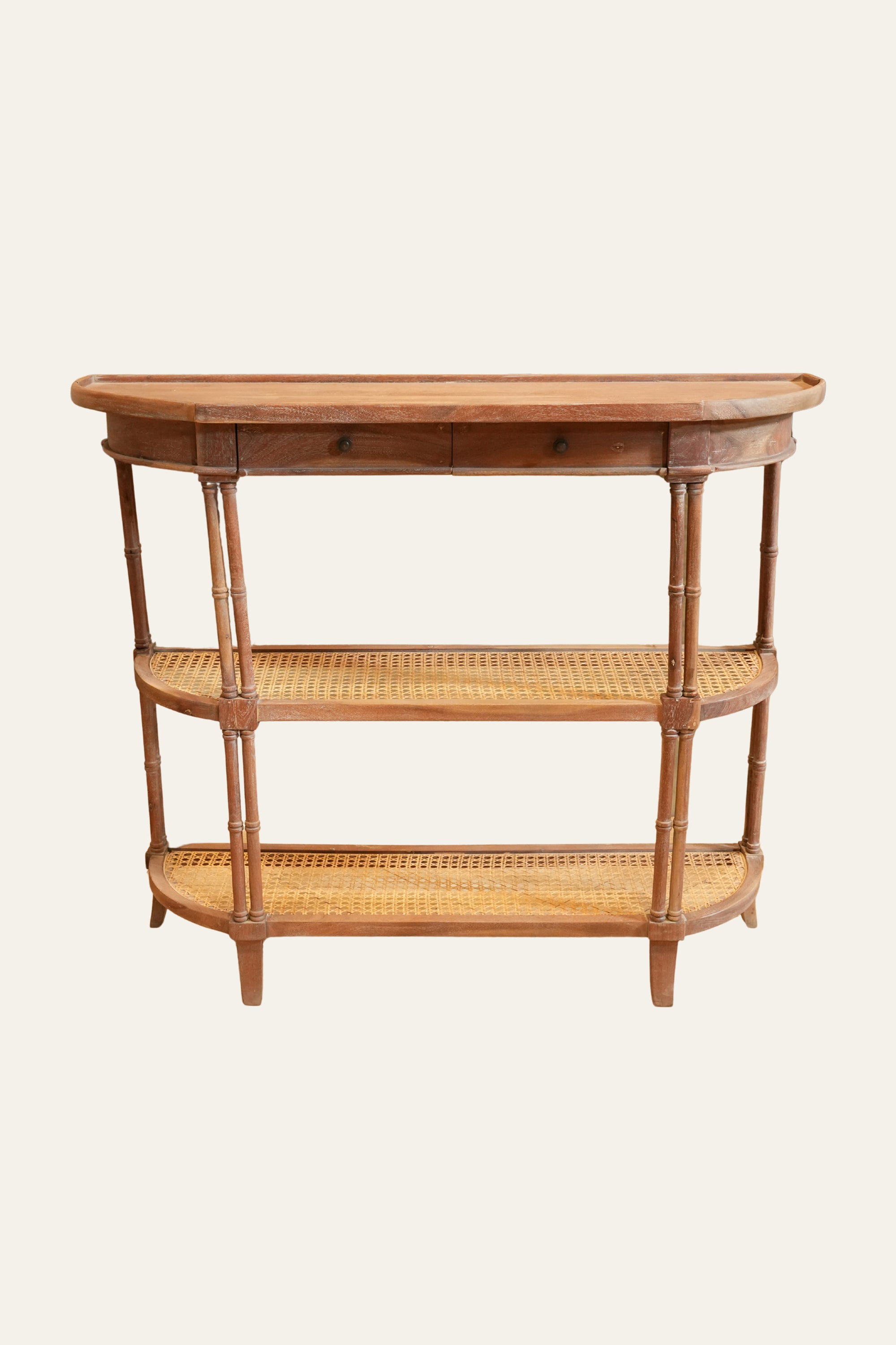 Three Tier Cane Half Round Console Table with Inbuilt Drawers