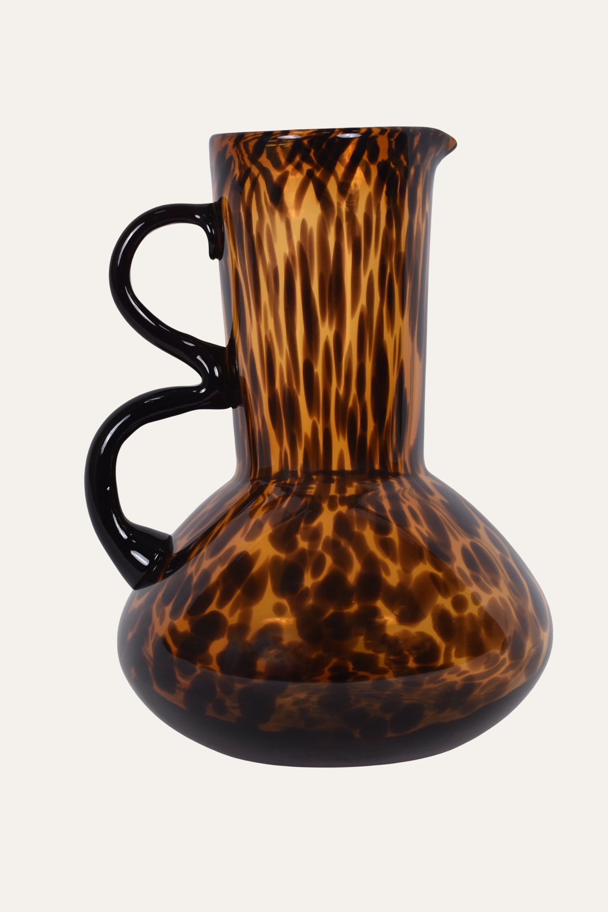 Tortoiseshell Amber Colored Blown Glass Handled Vase Sculptural Decorative Pitcher Accent