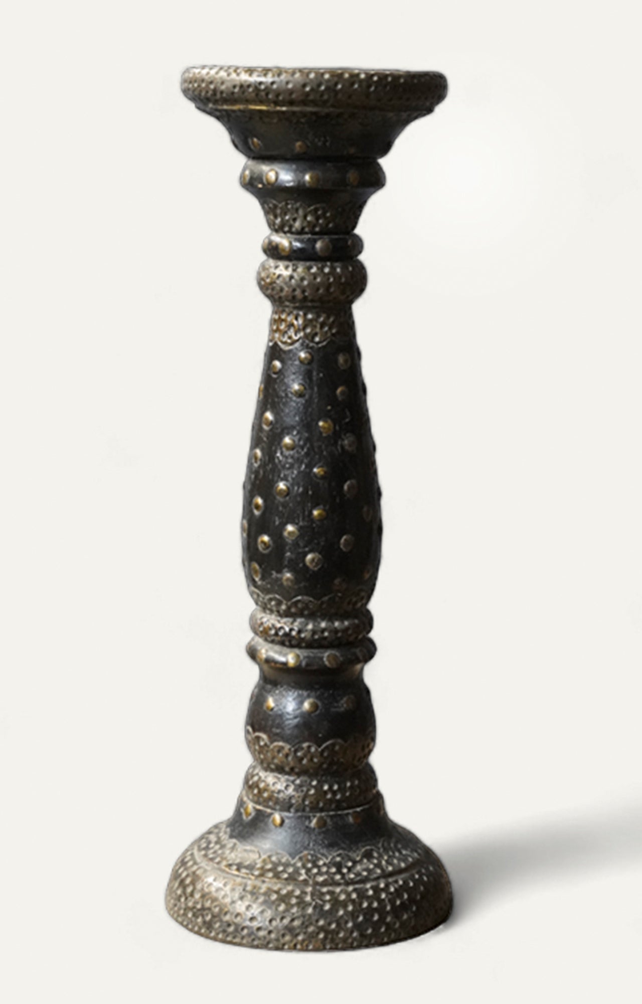 Vintage Black Wood Candle Stand in Gold