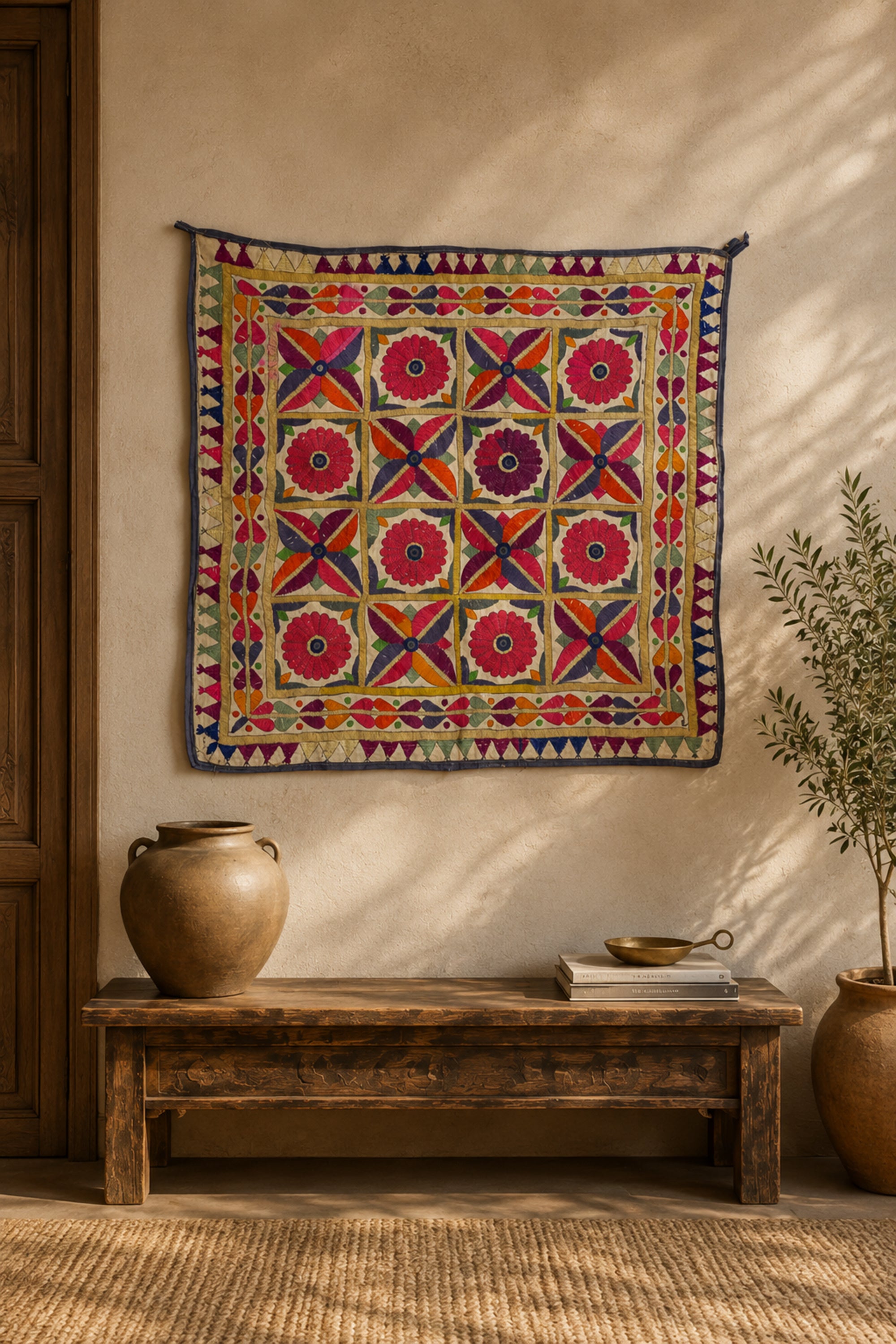 Geometric Patchwork Gujarati Embroidery Textile Wall Hanging