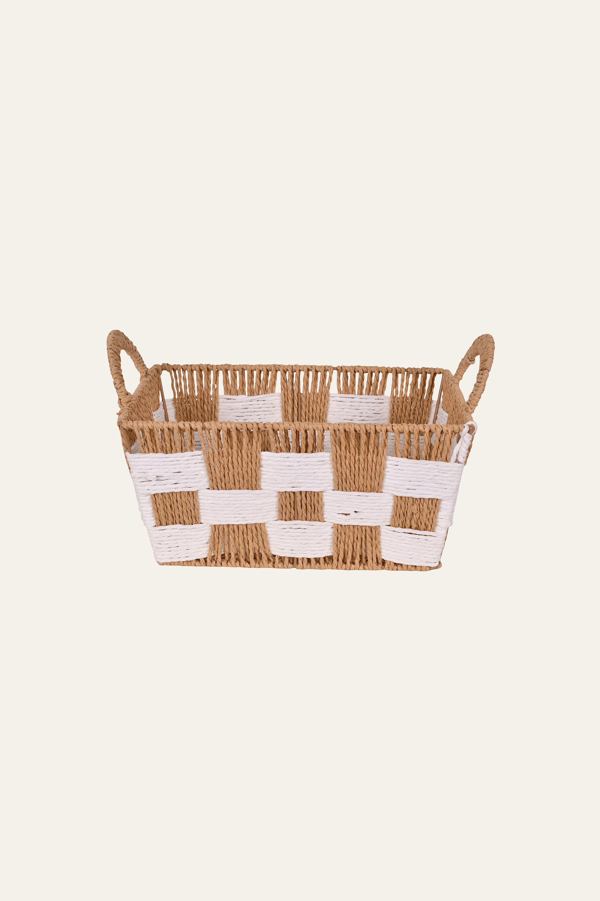 Brown & White Checkered Woven Storage Basket – Small