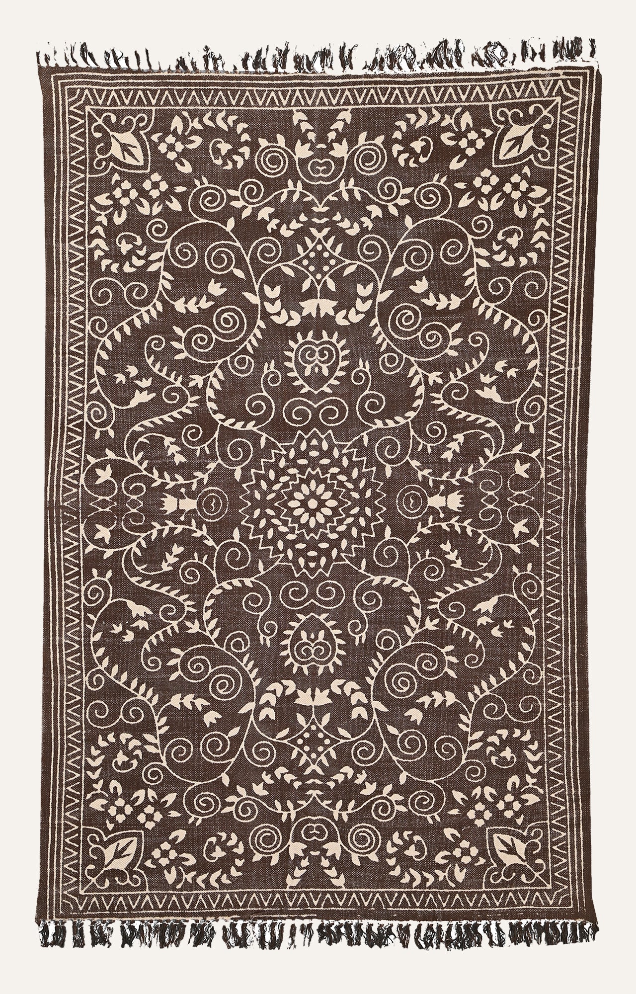 Brown & Ivory Floral Scroll Cotton Rug