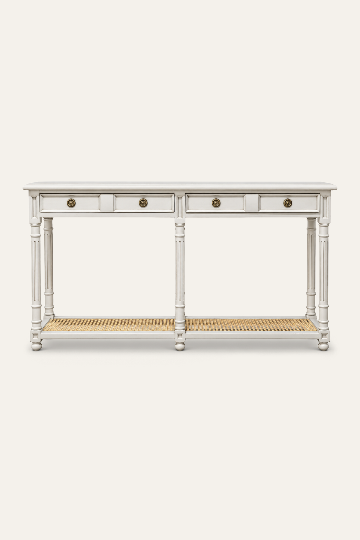 White 4-Drawer Console Table with Woven Cane Shelf for Narrow Hallways