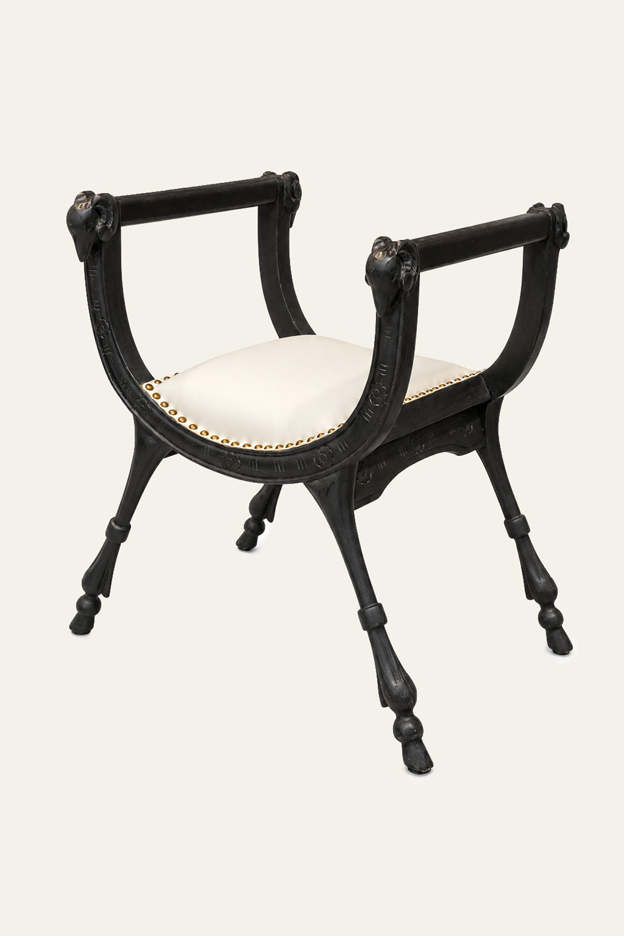 Black Carved Wooden Stool with White Cushioned Seat