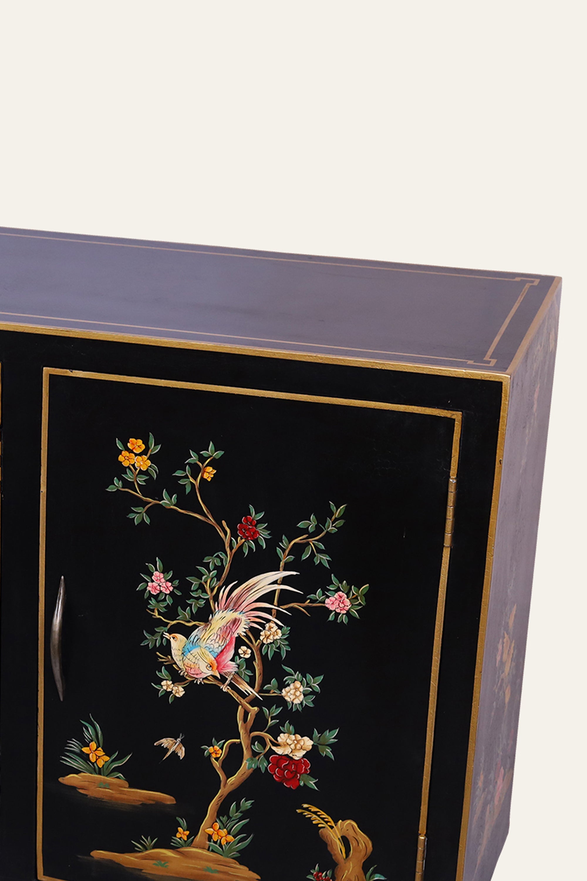 Black Chinoiserie Style Botanical & Bird Motif Cabinet