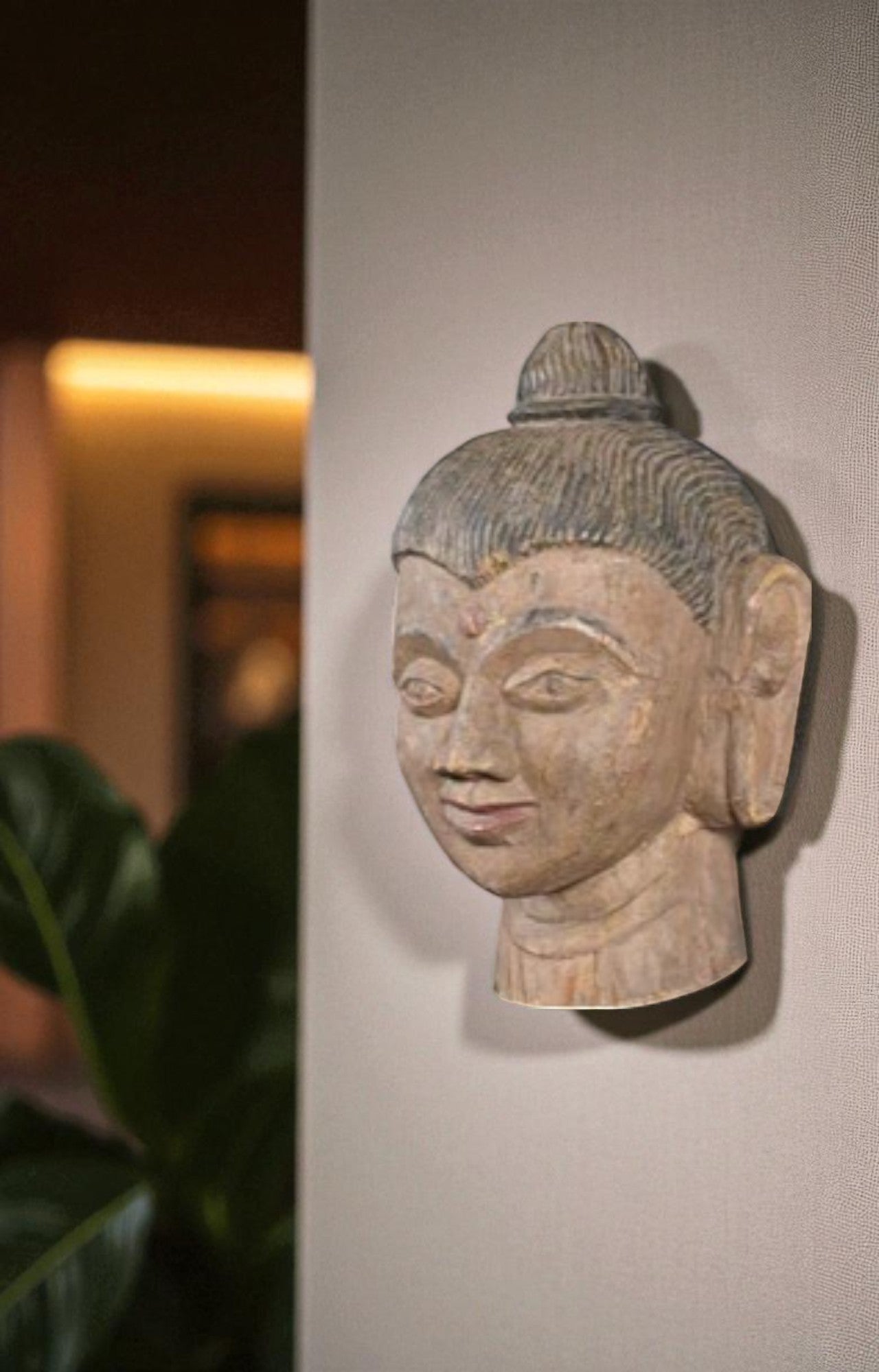 Hand-Carved Wooden Buddha Wall Mask – Vintage Aged Finish