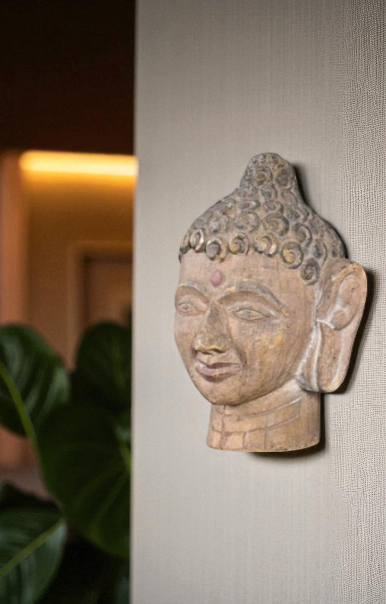 Hand-Carved Wooden Wall Mask of Buddha