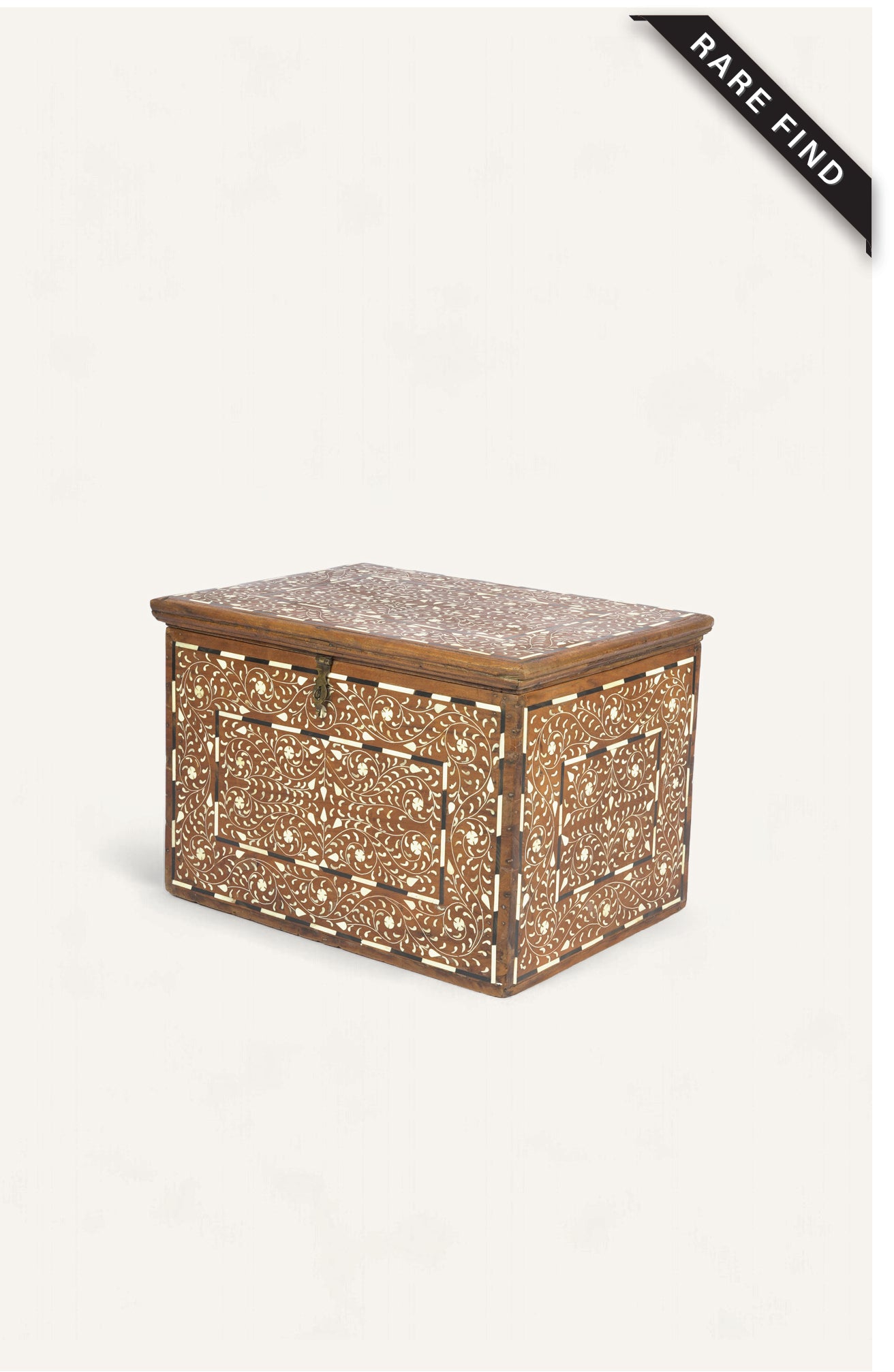 Large rectangular teak chest with intricate camel bone inlay and rich aged patina