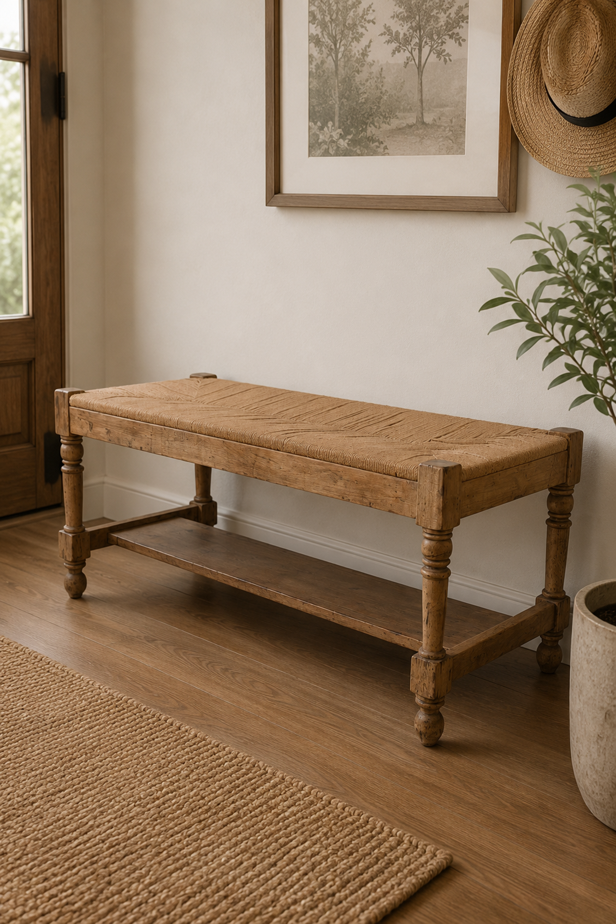 Living Room Wooden Bench with Woven Upholstery