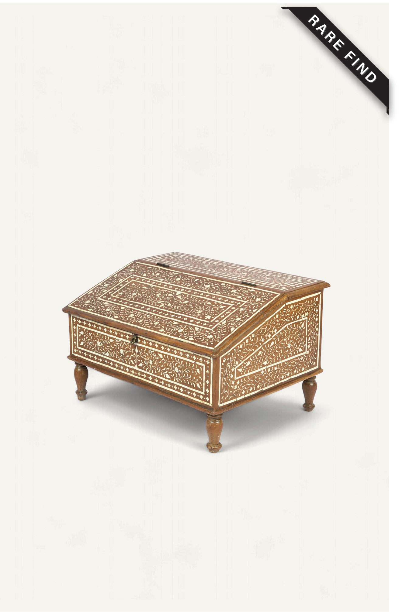 Antique teak writing box with sloped lid, bone inlay and carved legs