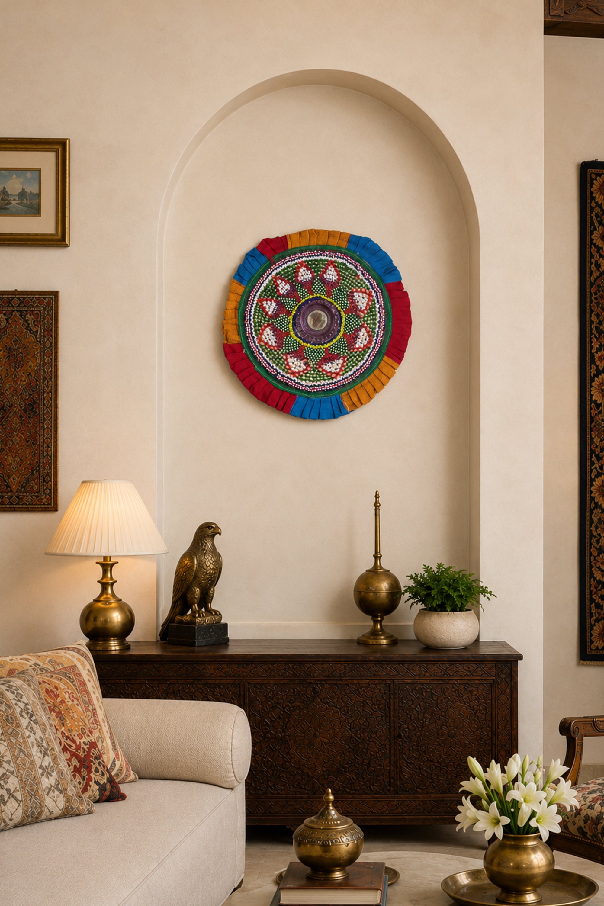 Lotus Motif Round Beaded Textile Wall Hanging