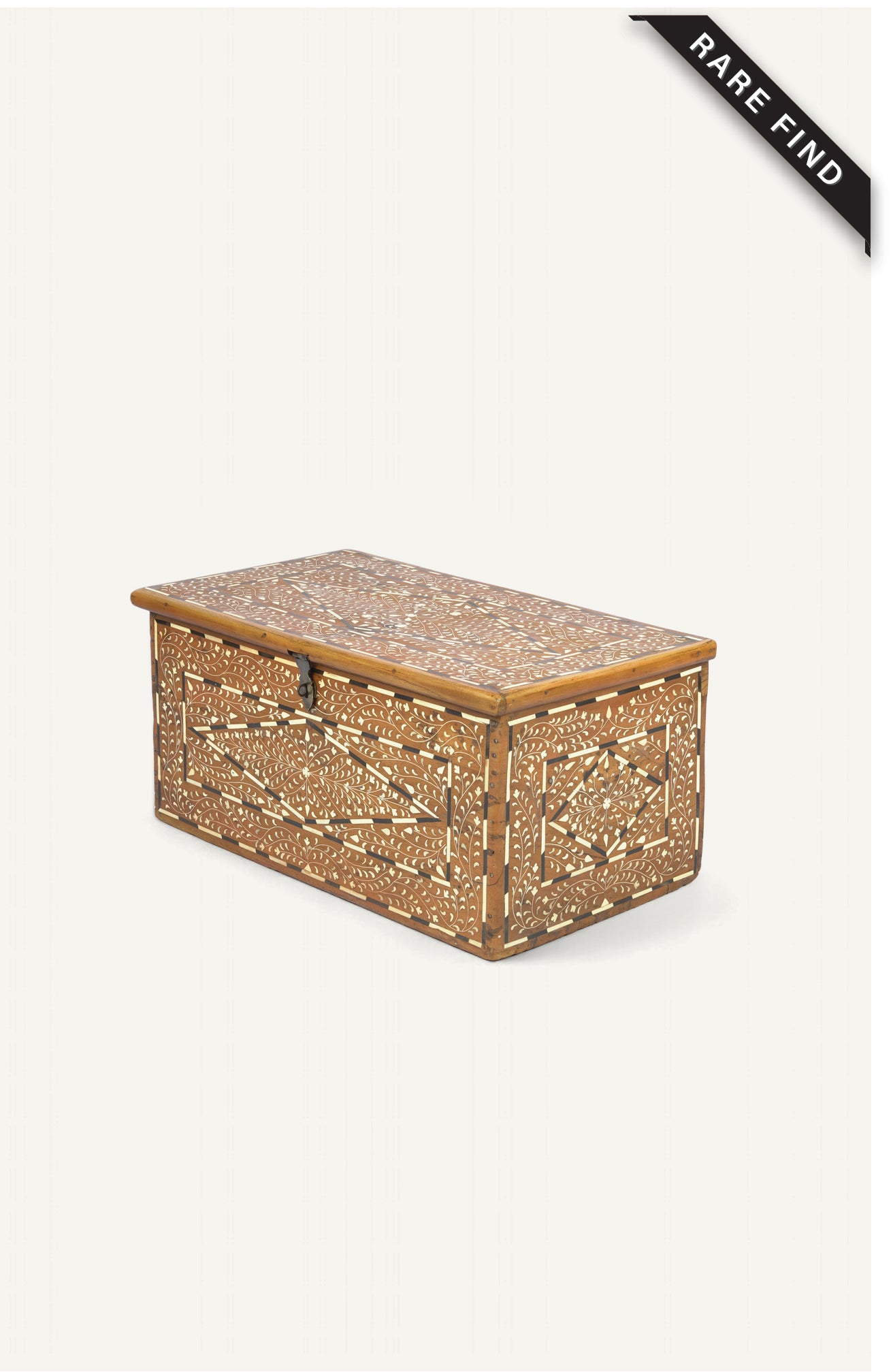 Large rectangular teak chest with intricate camel bone inlay pattern