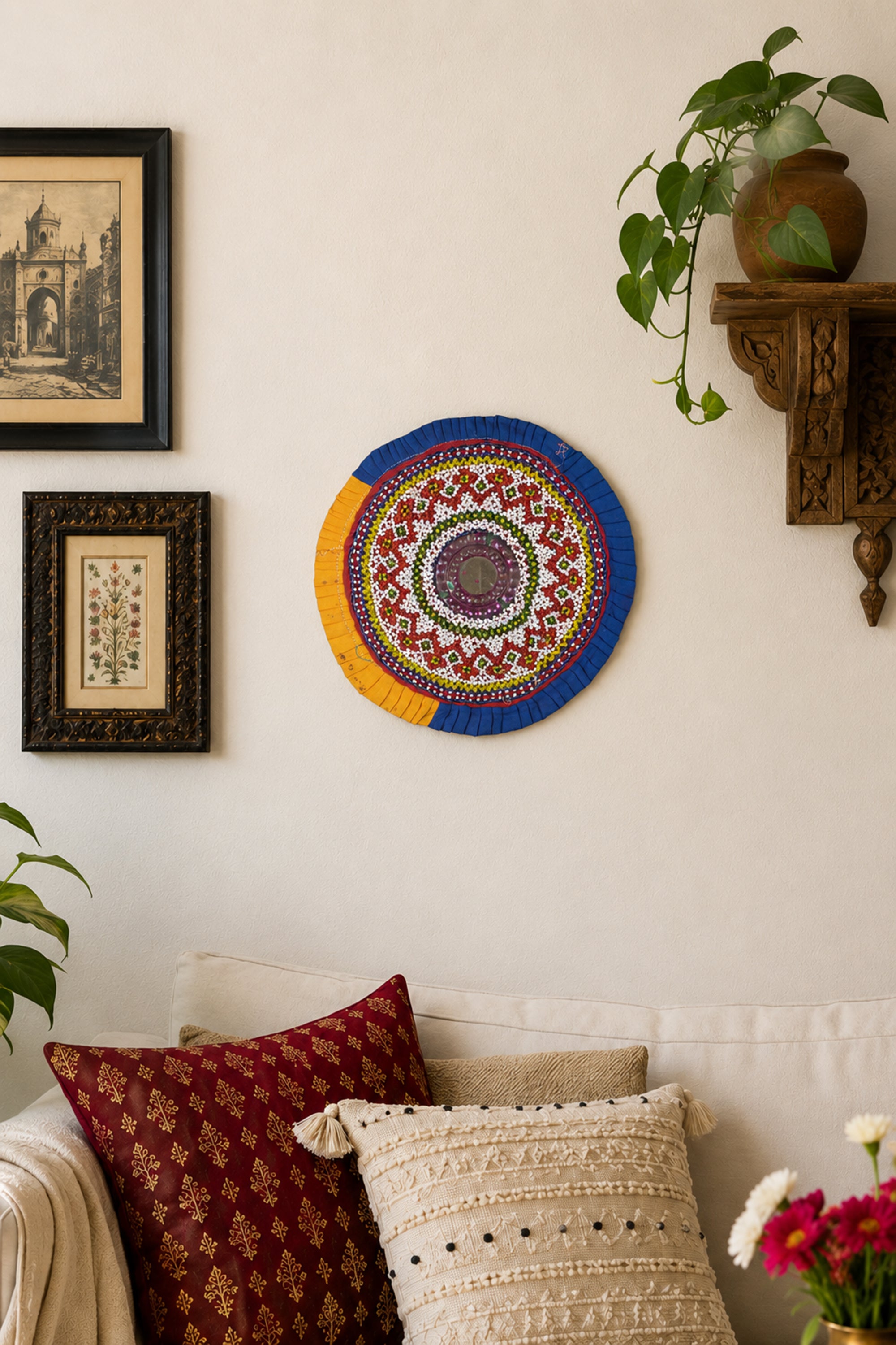 Antique Blue Border Gujarati Pearl Bead Wall Art