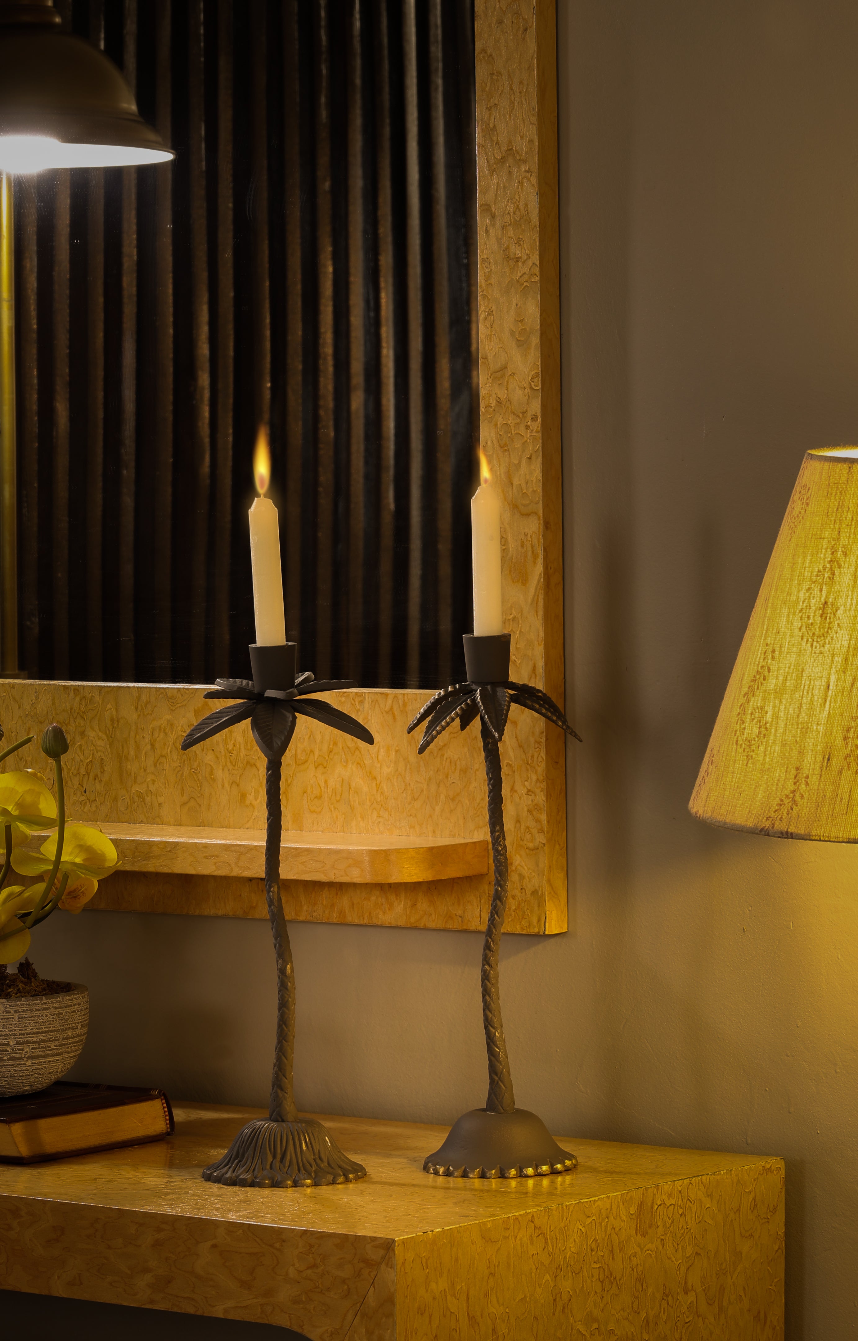 Brass Palm Tree Bronze Candle Stand - Short