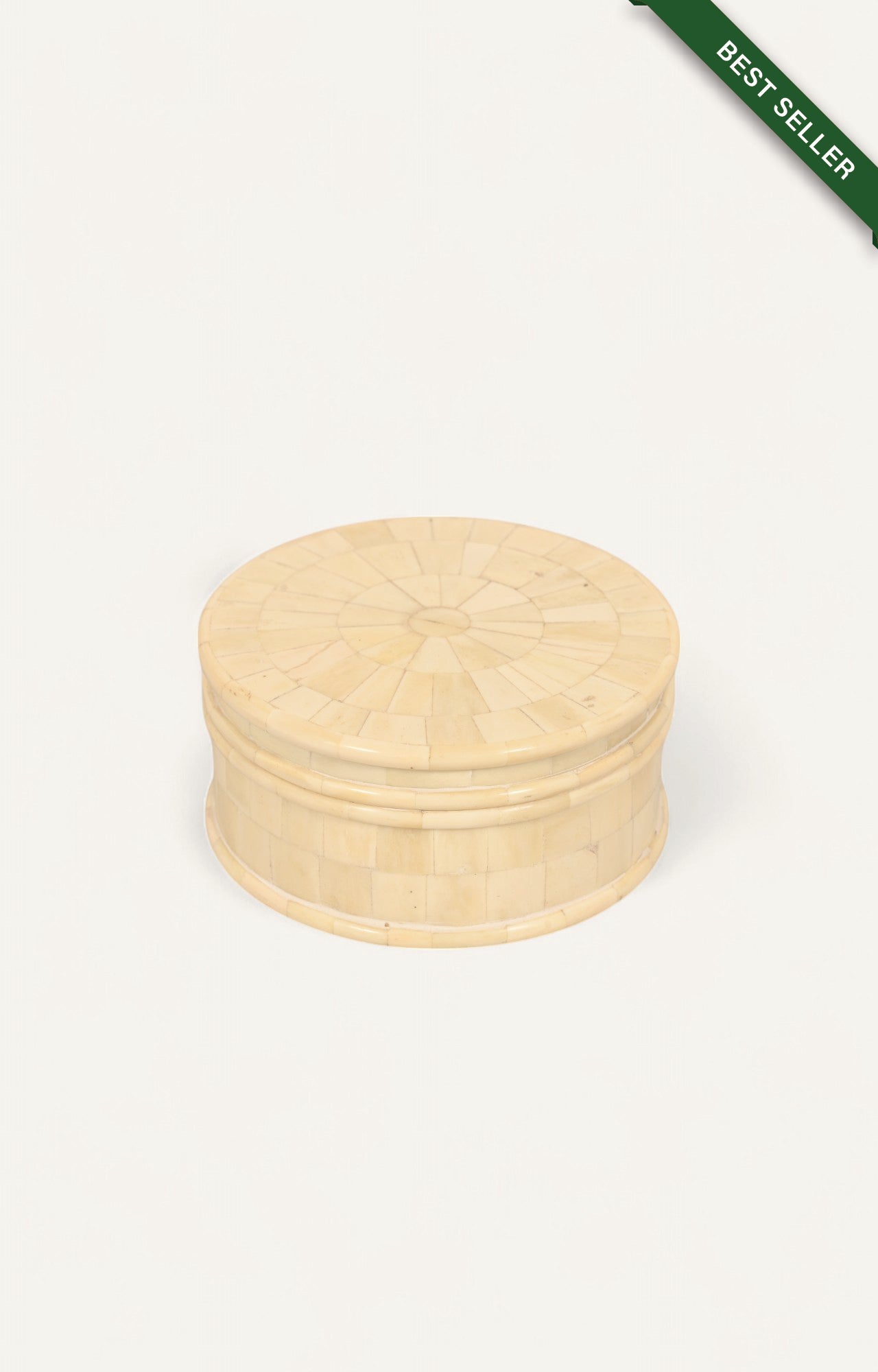 Wide round box in ivory-toned bone mosaic with radial tile lid