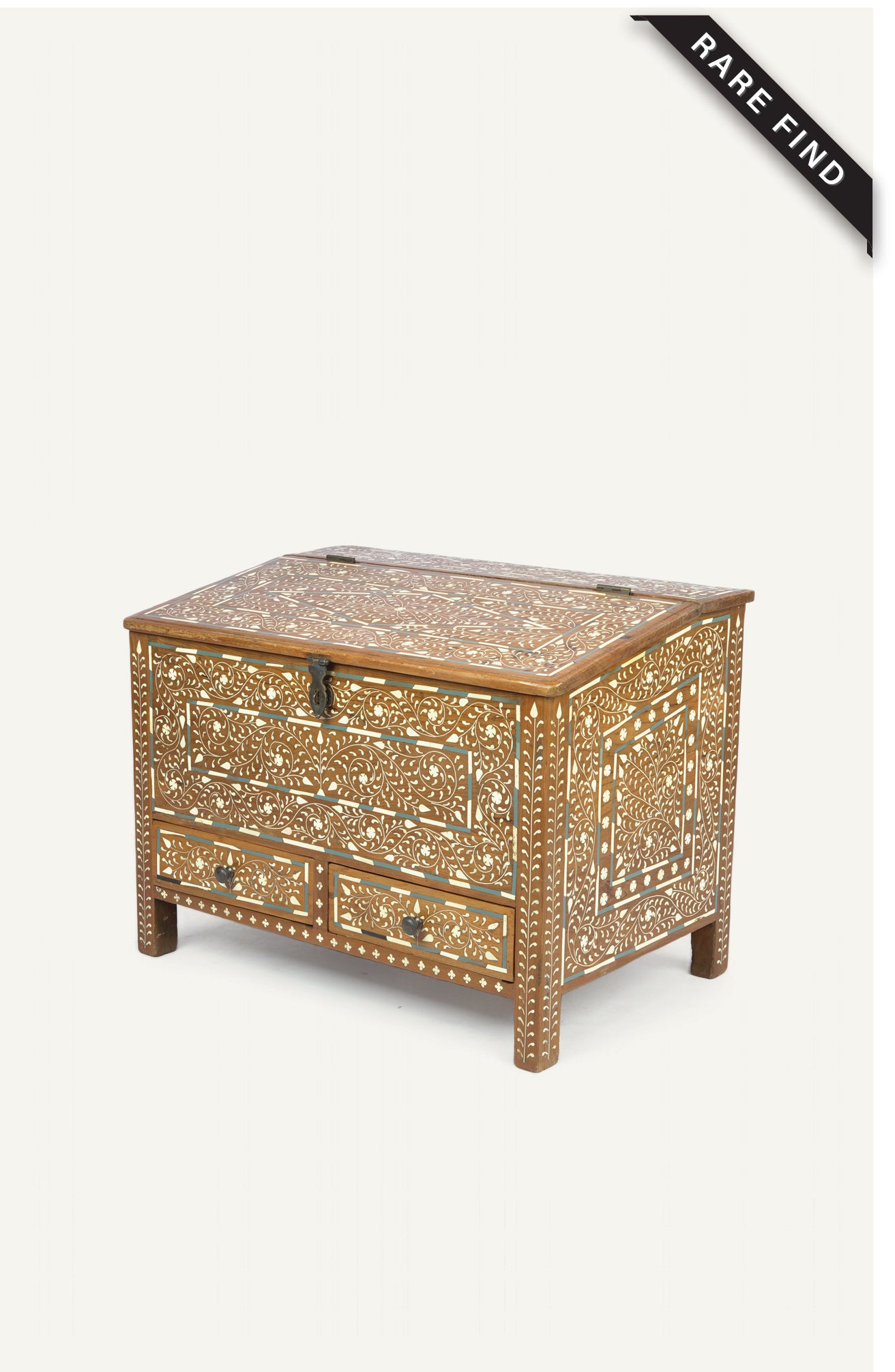 Sloped teak writing box with bone inlay and dual drawers on legs