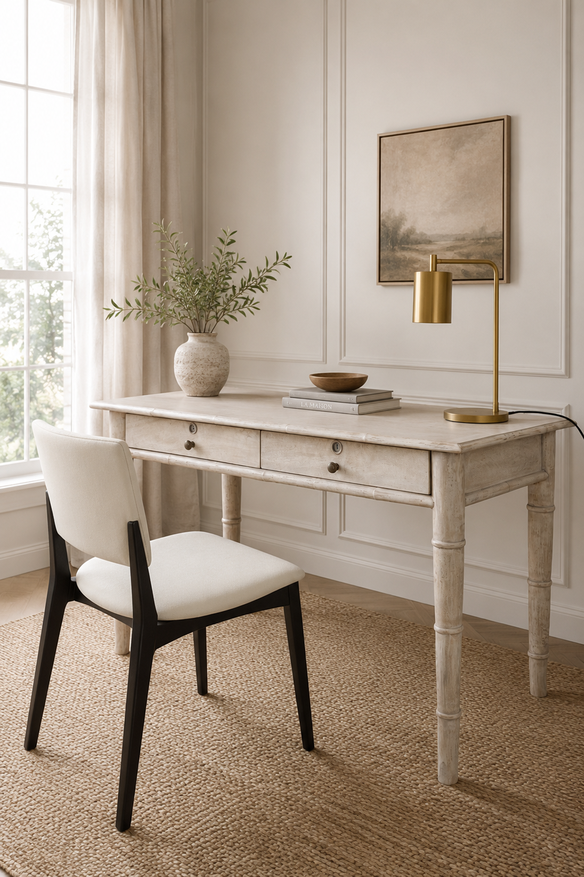 Distressed White Bamboo Style Study Table with Storage Drawers
