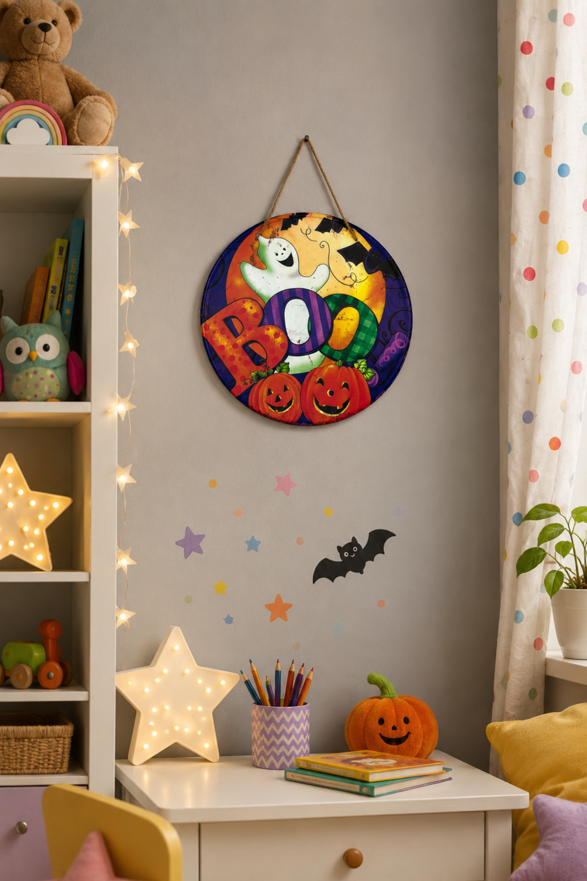 Halloween Boo Ghost Harlequin Round Metal Wall Sign