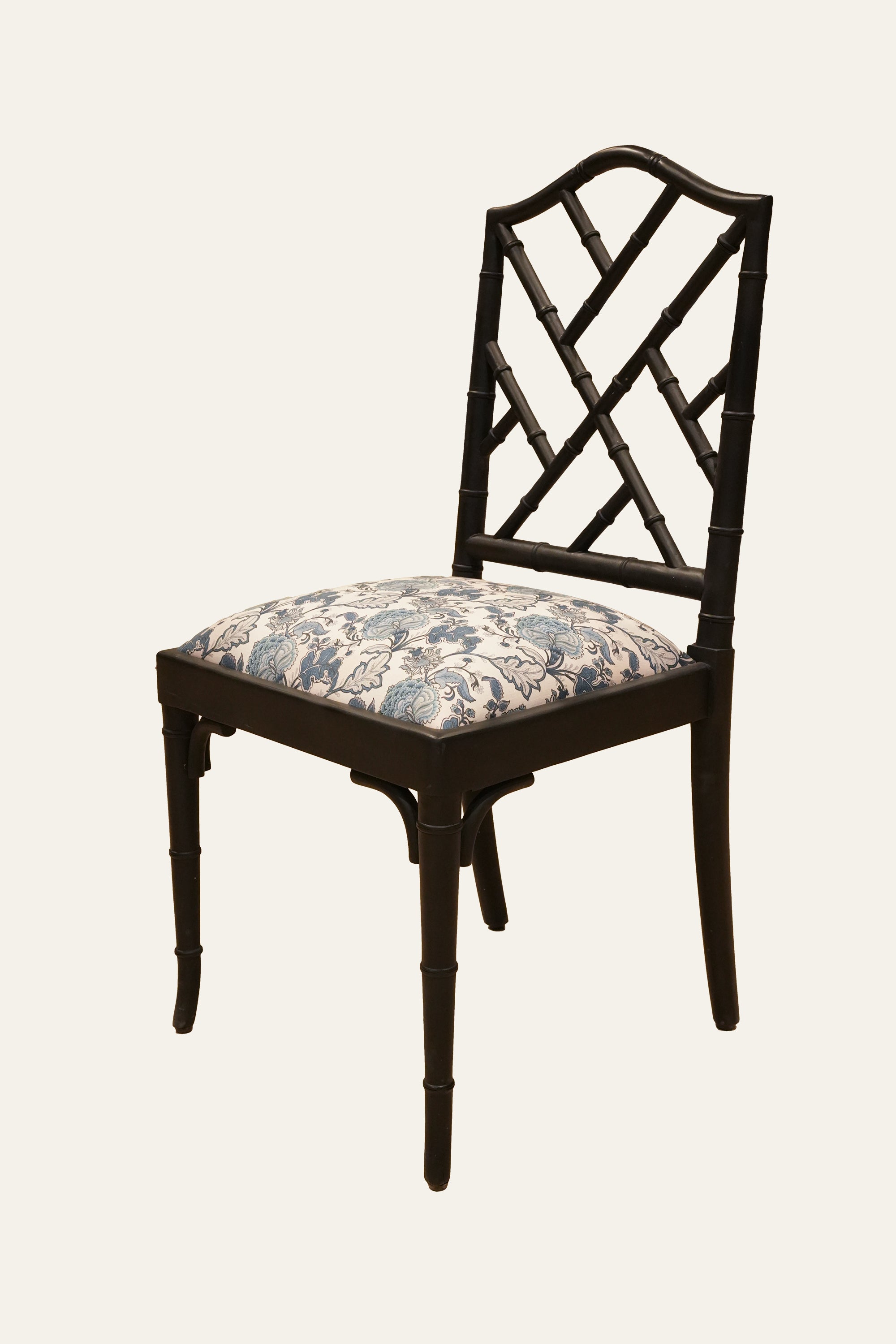 Black Bamboo Lattice Dining Chair with Floral Seat