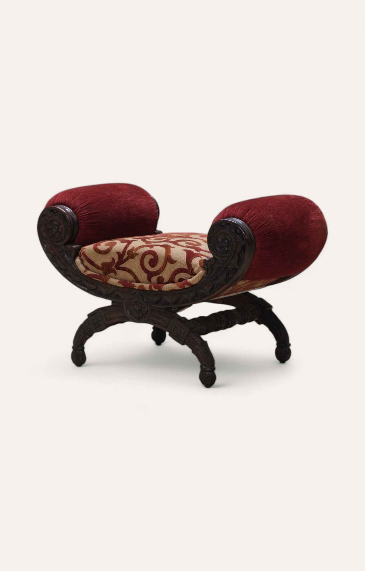 Carved Teak & Velvet Uphostred Dressing Stool