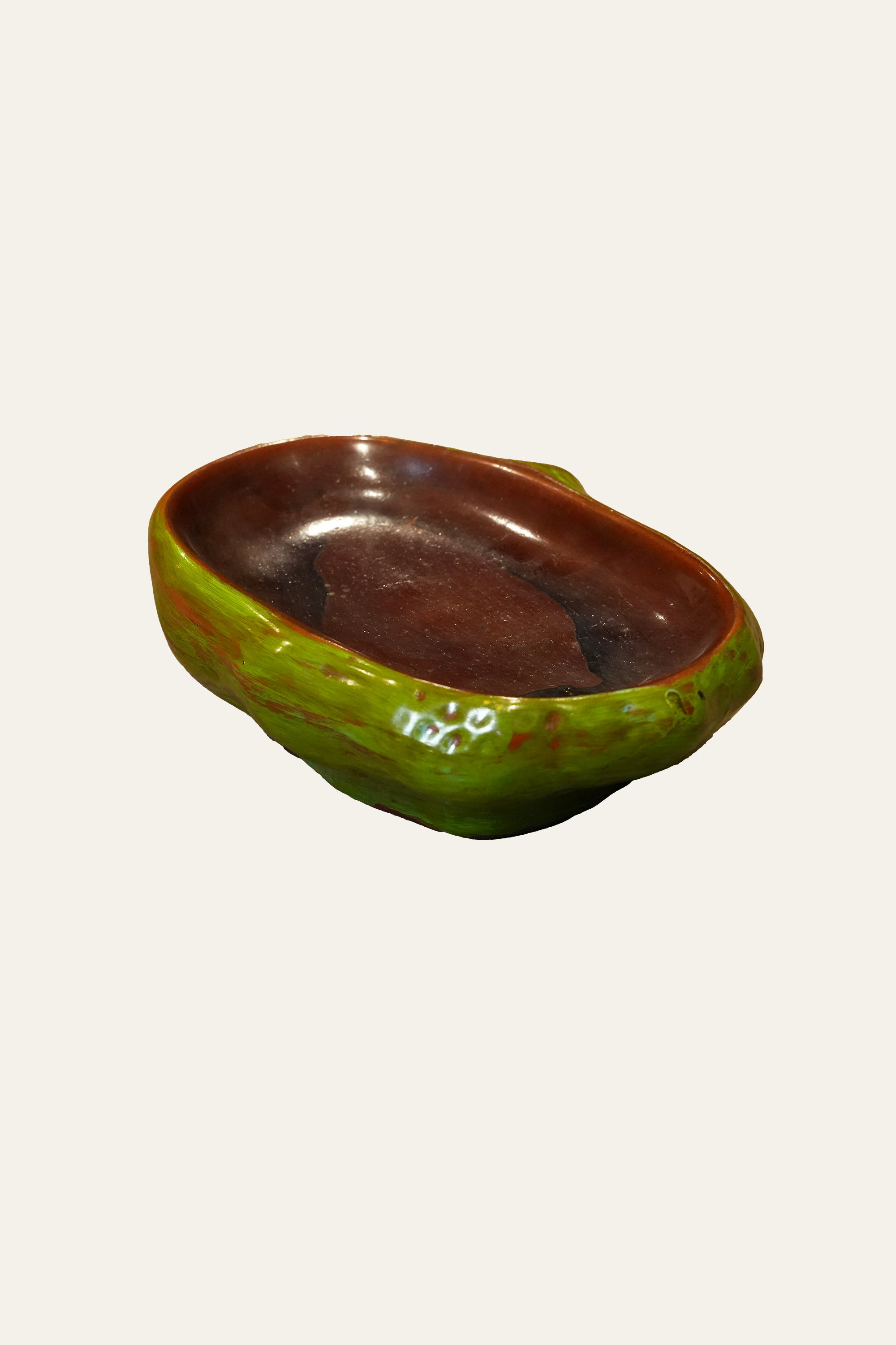 Oval Green & Brown Glazed Ceramic Bowl