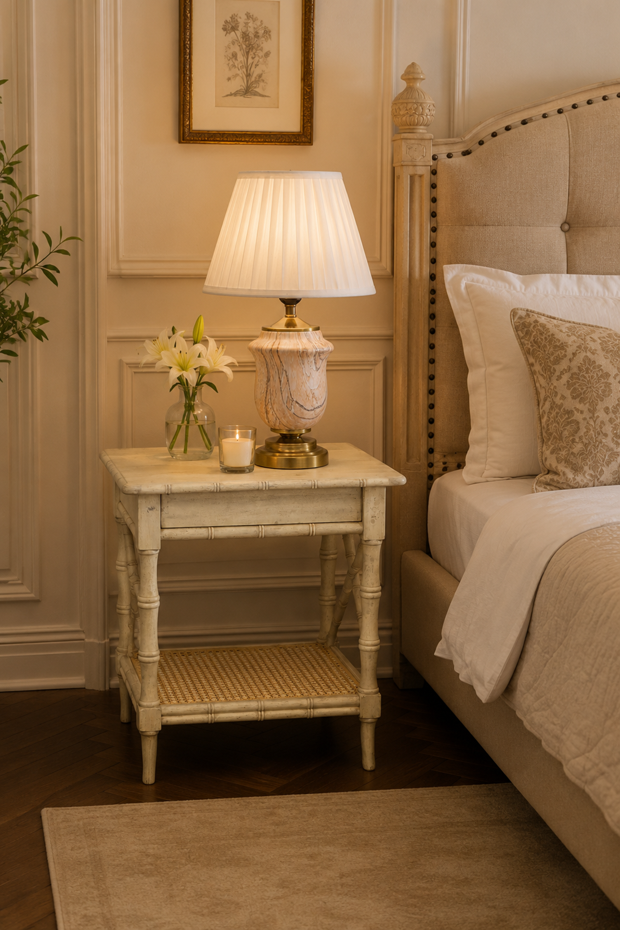Bamboo Style X-Frame Bedside Table with Cane Shelf