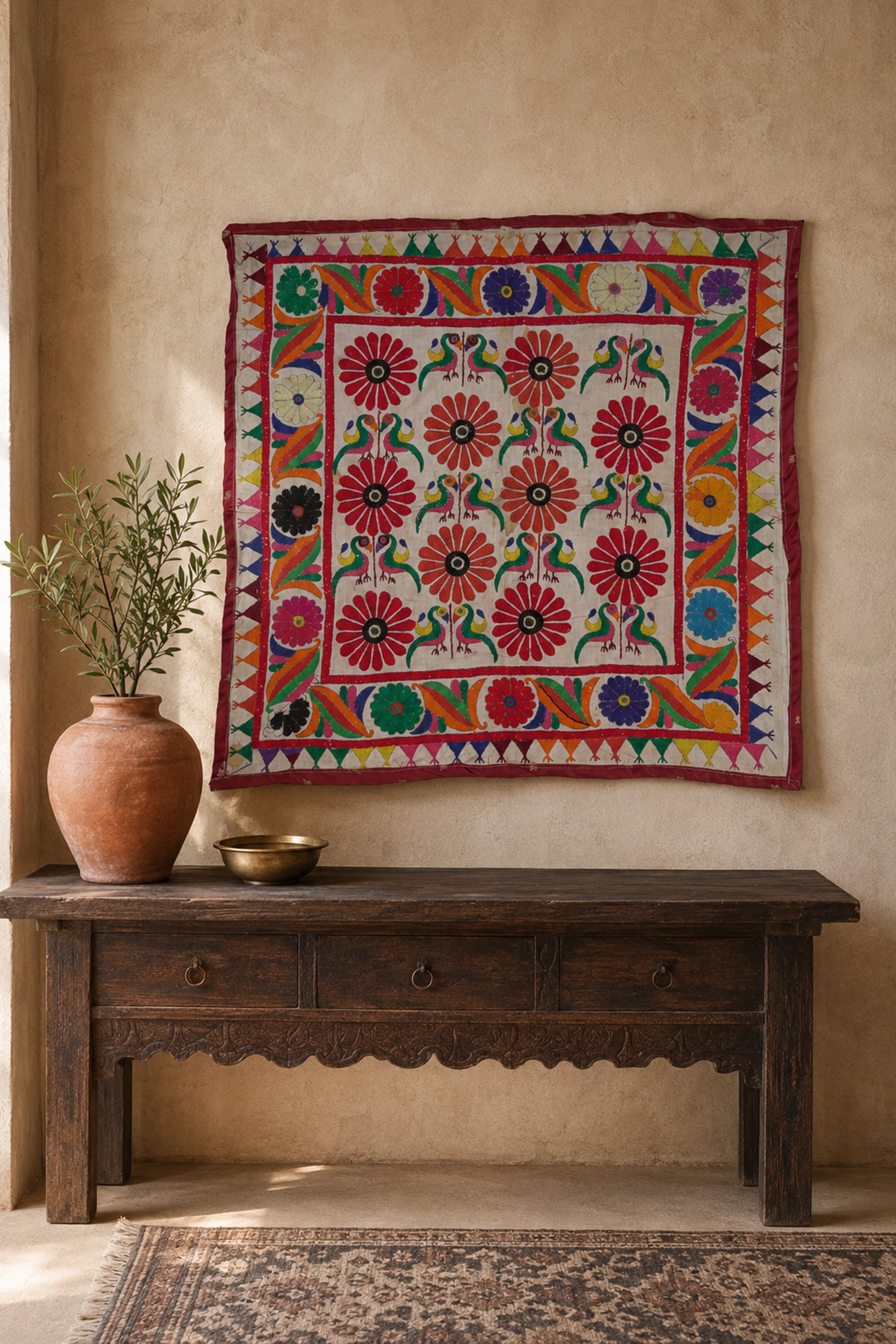 Floral Medallion Vintage Gujarati Wall Tapestry