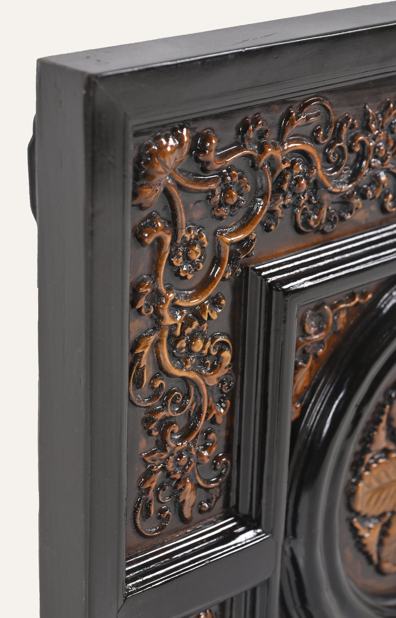 Square Black Wood Wall Panel with Floral Rosette Medallion