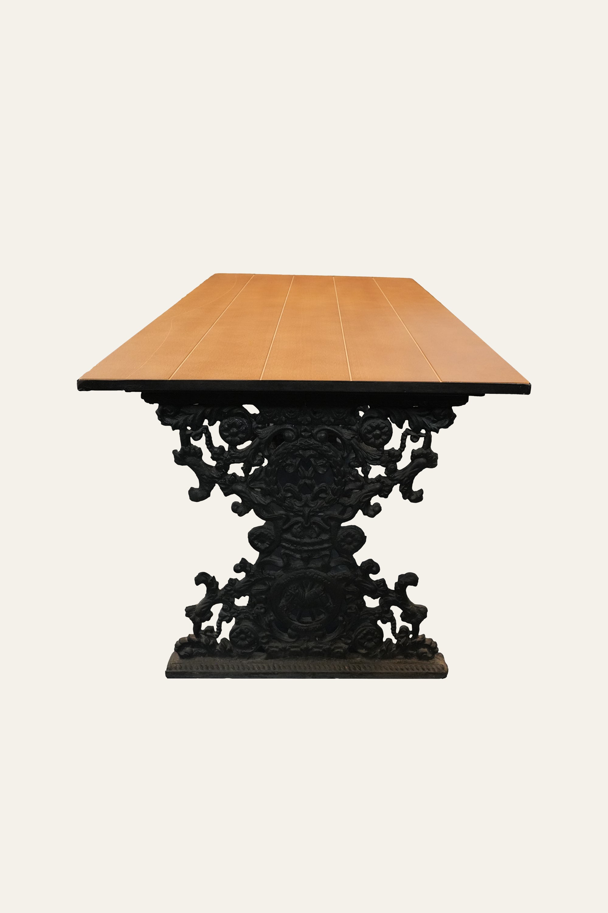 Ornate Cast Iron Pedestal Dining Table with Solid Wood Top