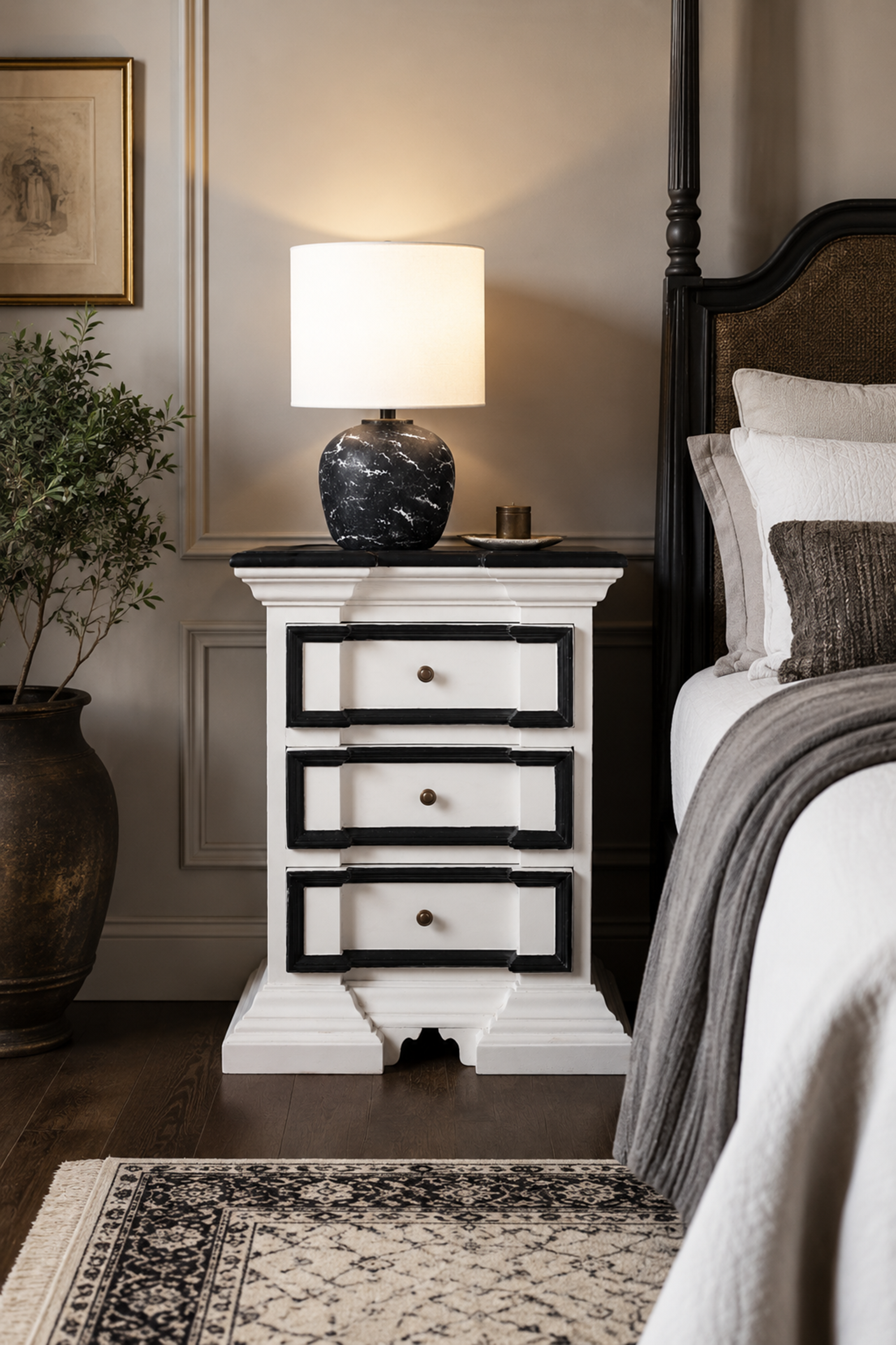 Premium 3-Drawer White Nightstand with Wood Top