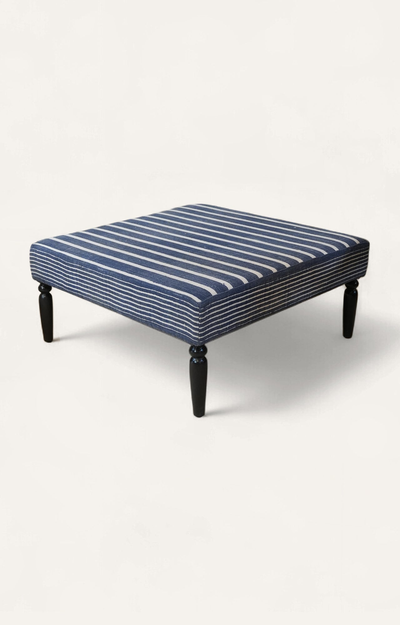 Striped Navy Ottoman with Turned Black Legs