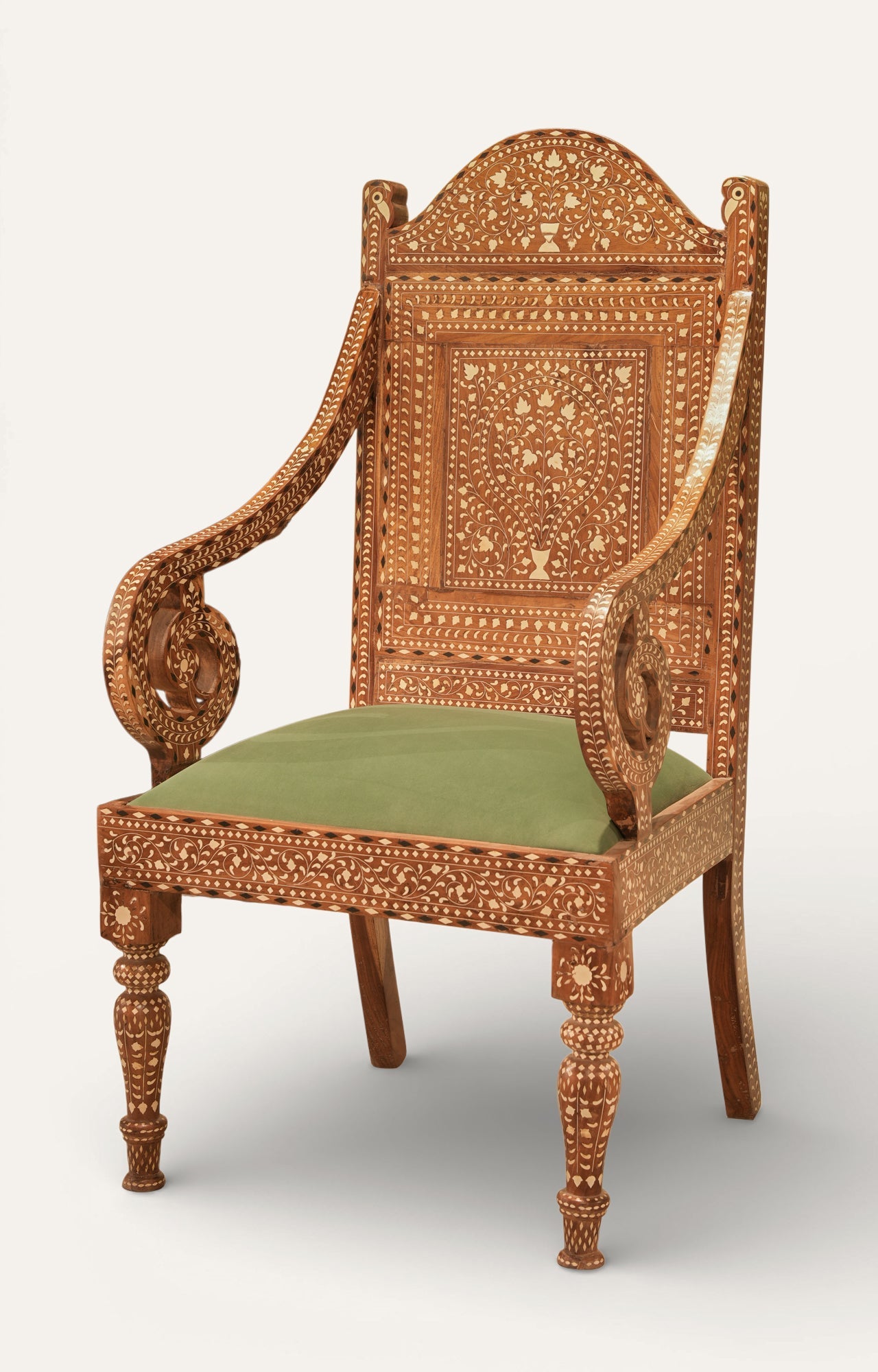 Handcrafted Inlay Wooden Armchair with Green Seat