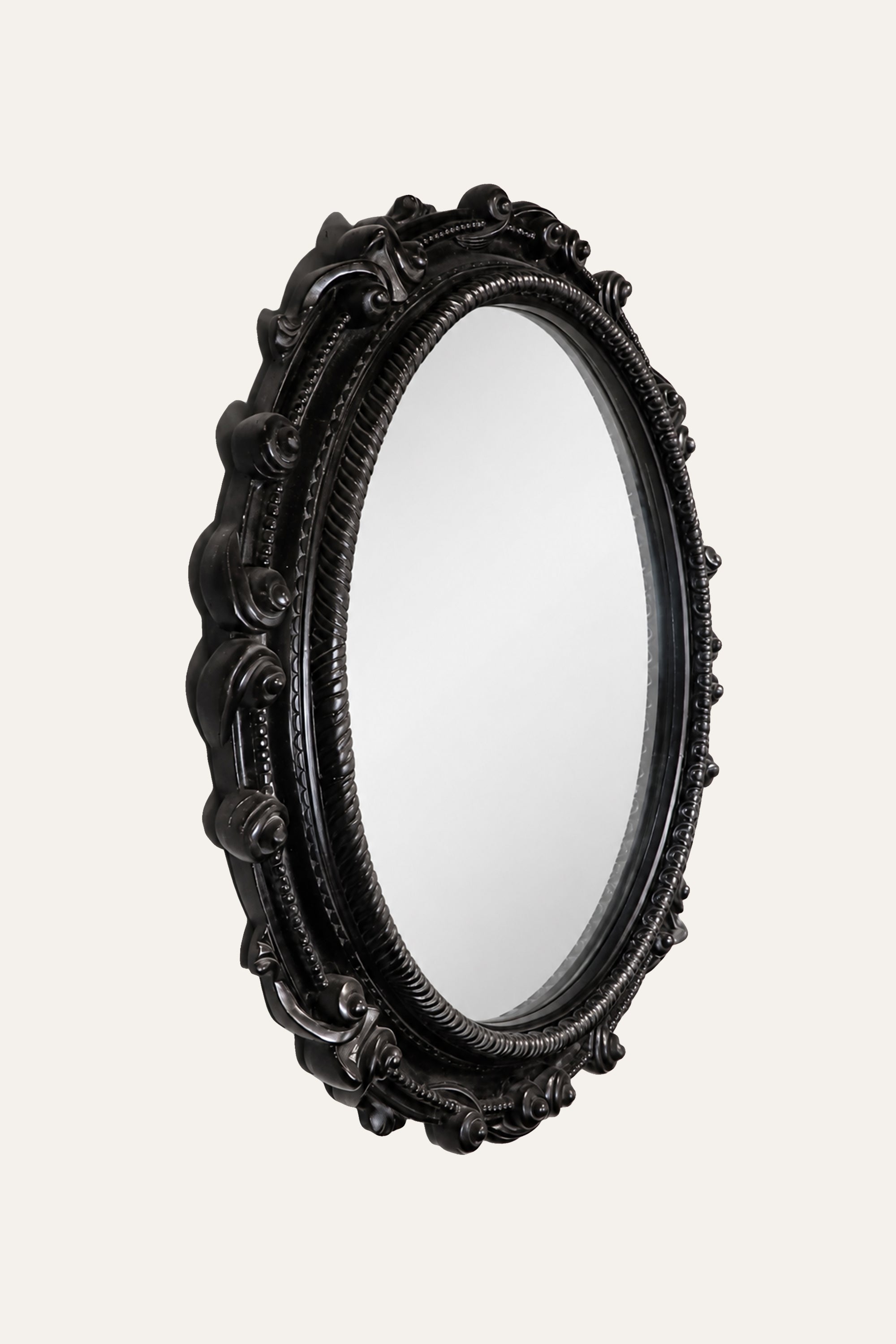 Black Carved Round Wooden Mirror for Living Room Wall