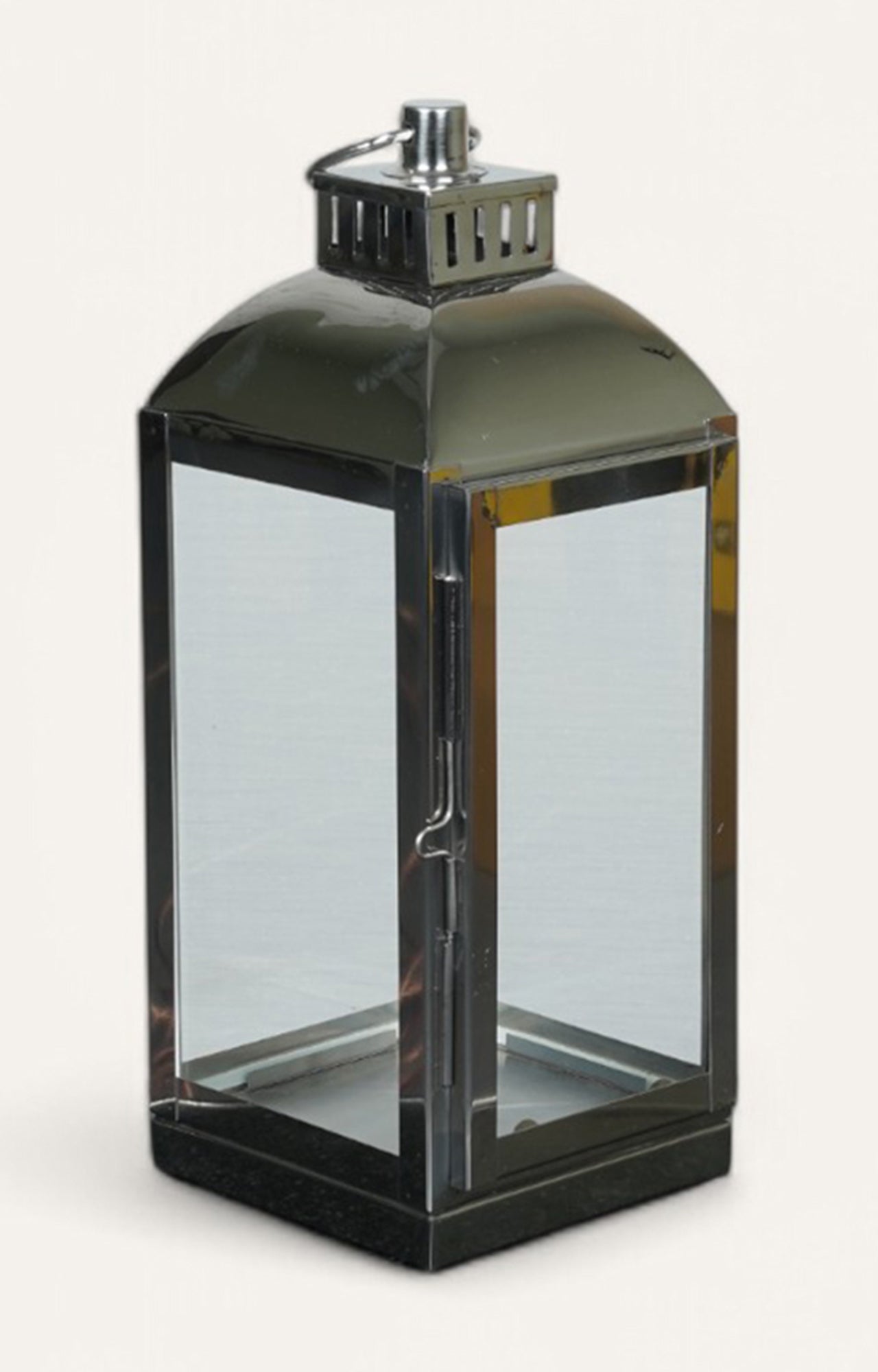 Square Glass Lantern with Ring Handle and Stainless Steel Rim