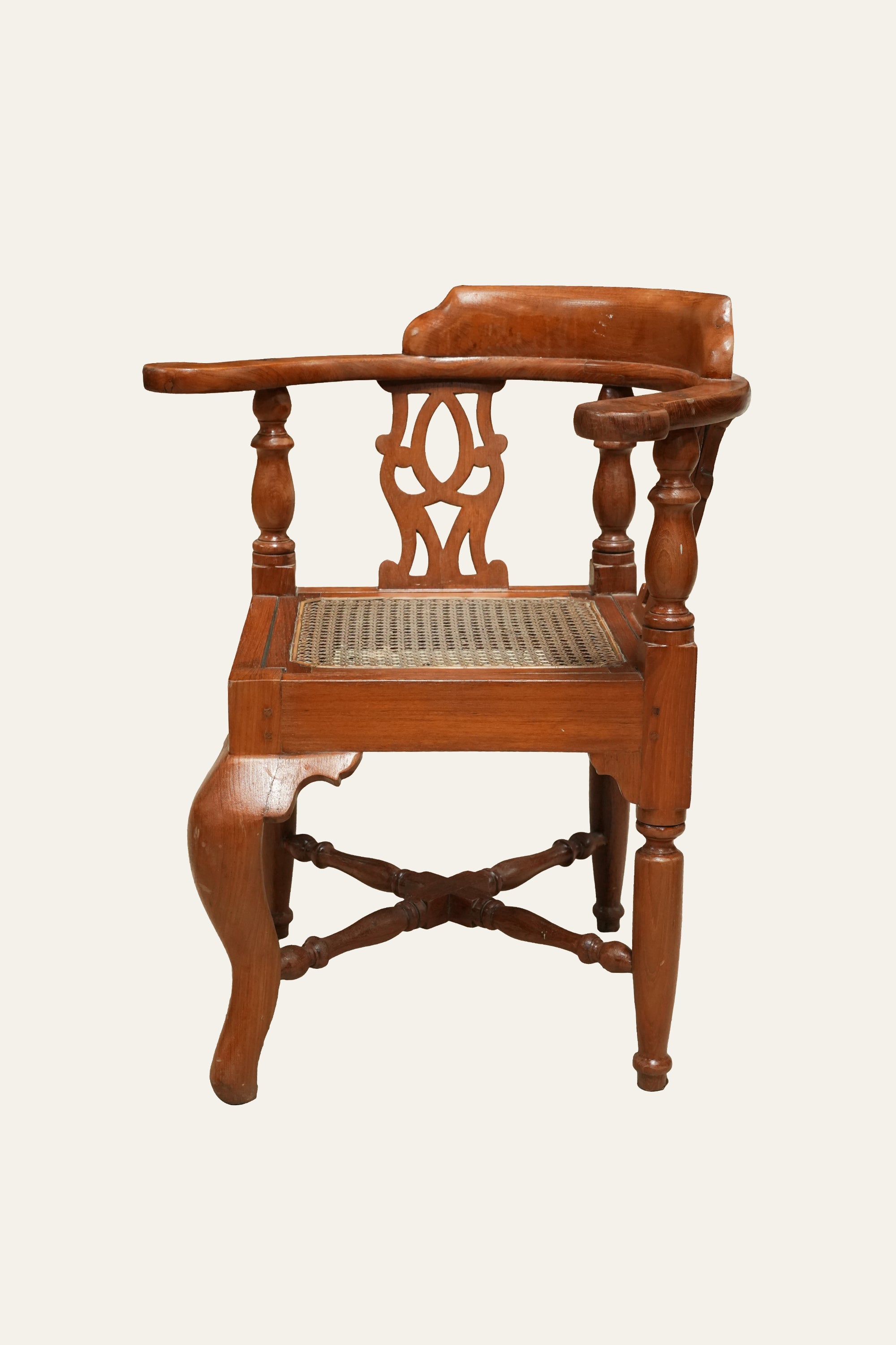 Carved Wooden Roundabout Cane Armchair with X-stretcher Base