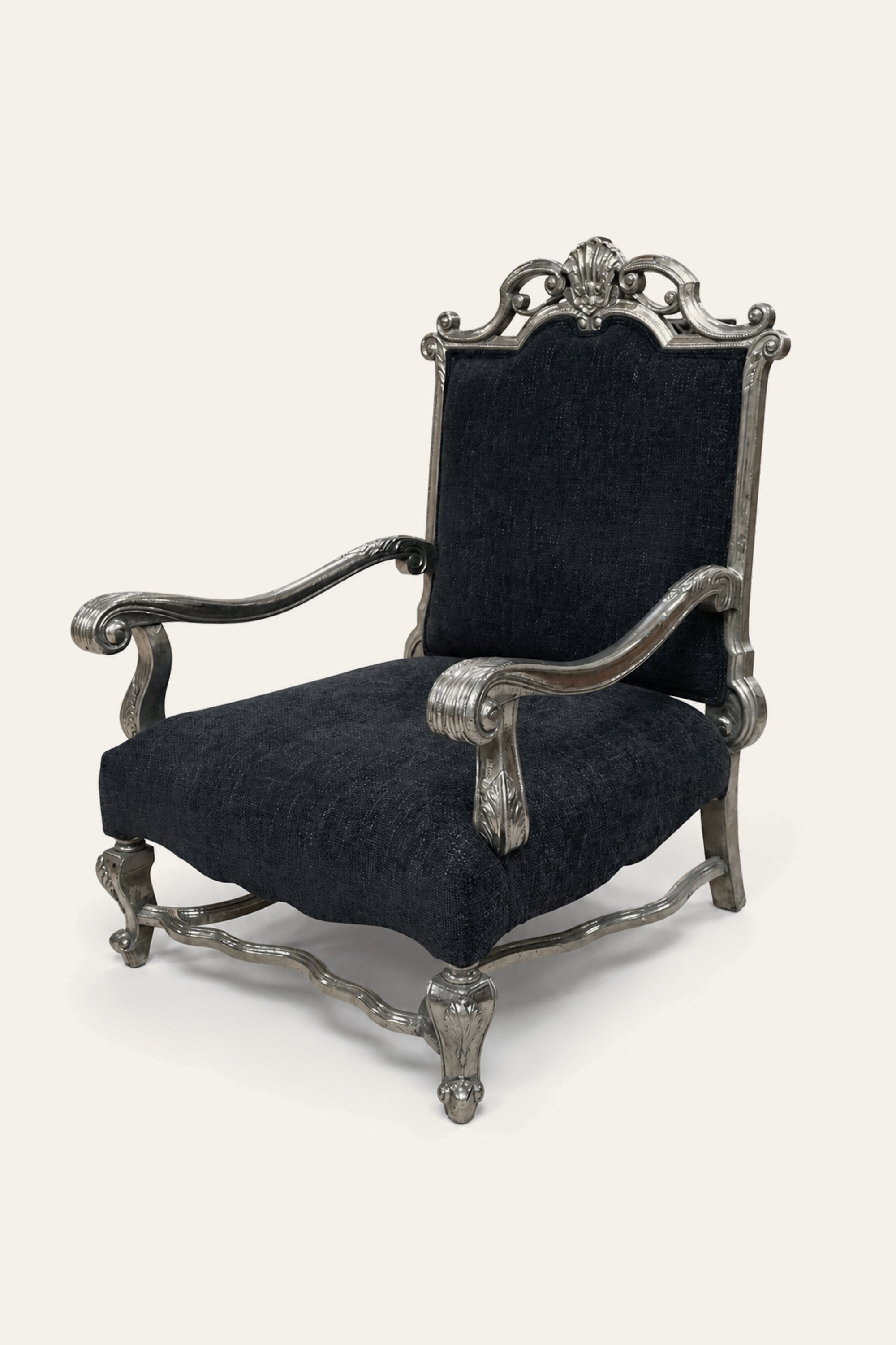 French Regence White Metal Black Upholstered Armchair