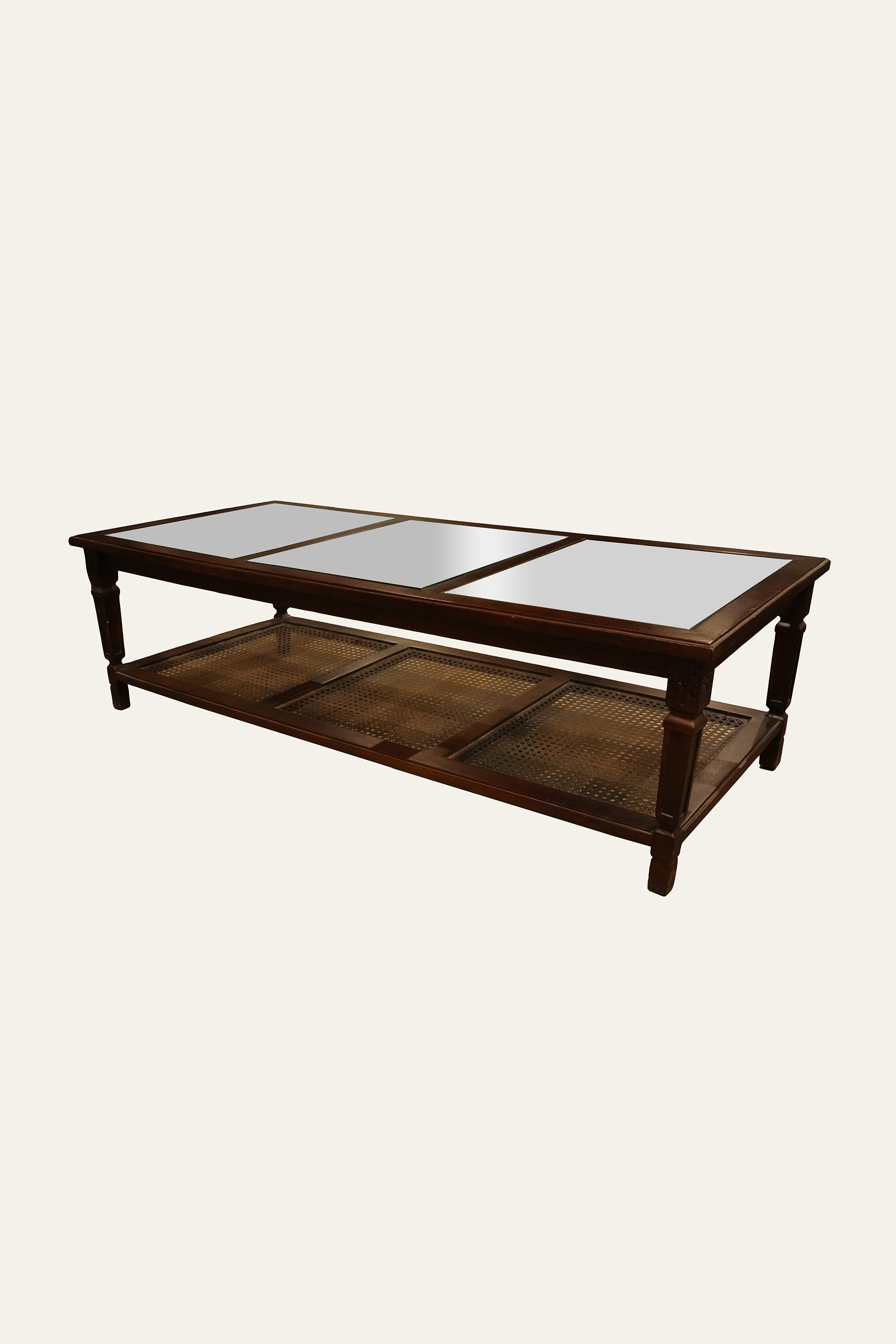 Gustavian Style Brown 2-Tiered Glass Coffee Table with Cane Shelf