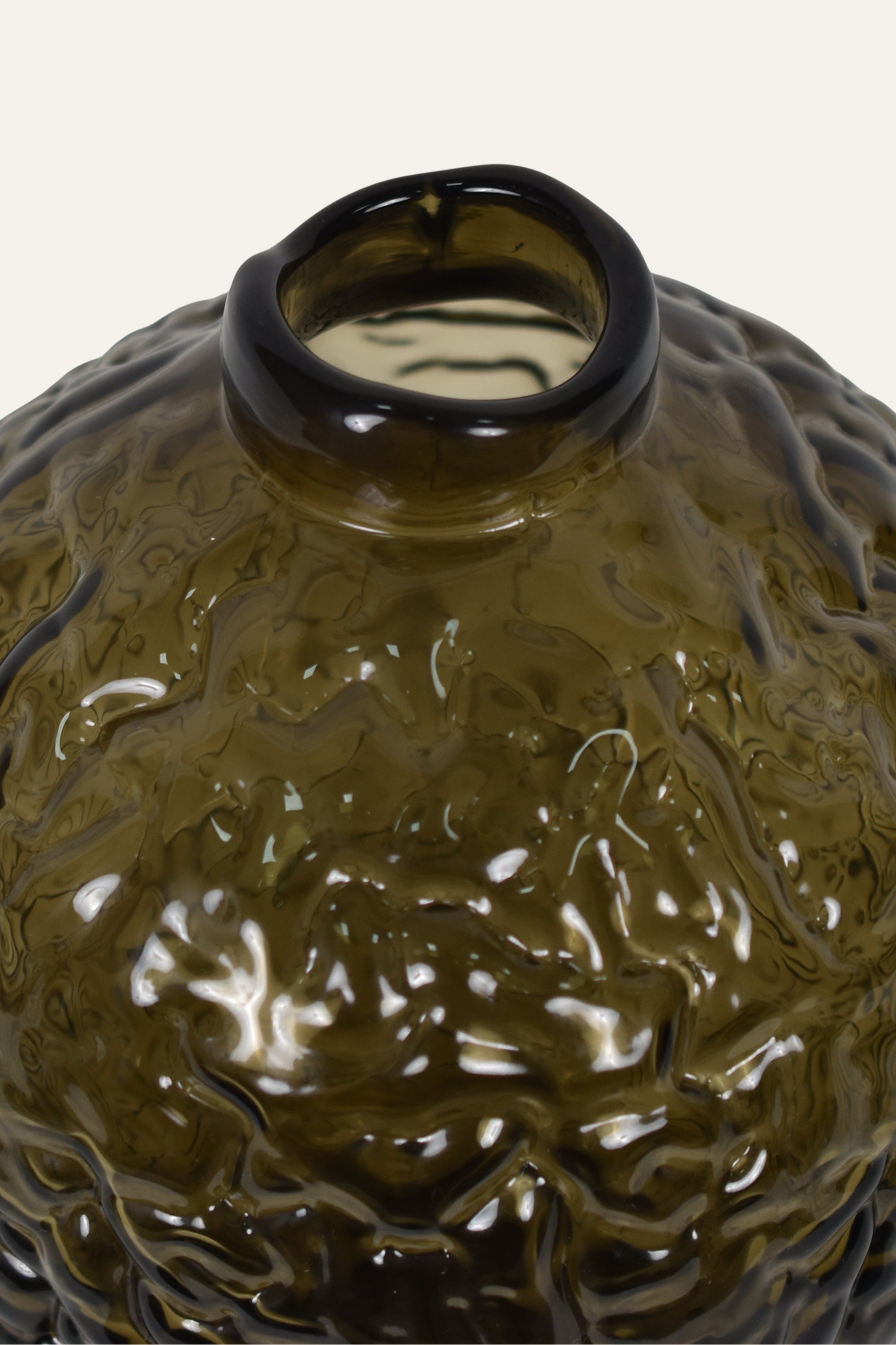 Artistic Textured HandBlown Colored Glass Vase in Smoky Olive Luxury Table Accent