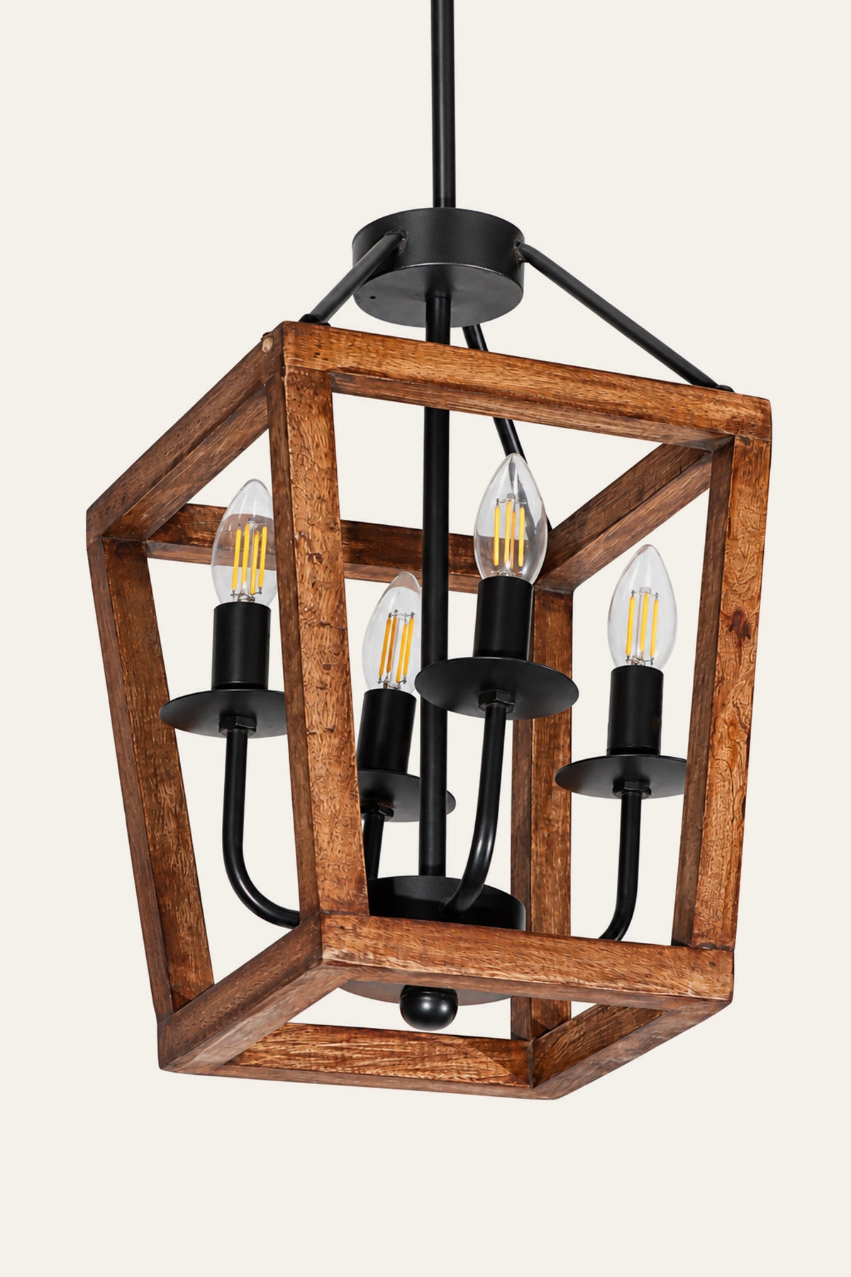 Wood-Framed Lantern Chandelier with Candle-Style Lights